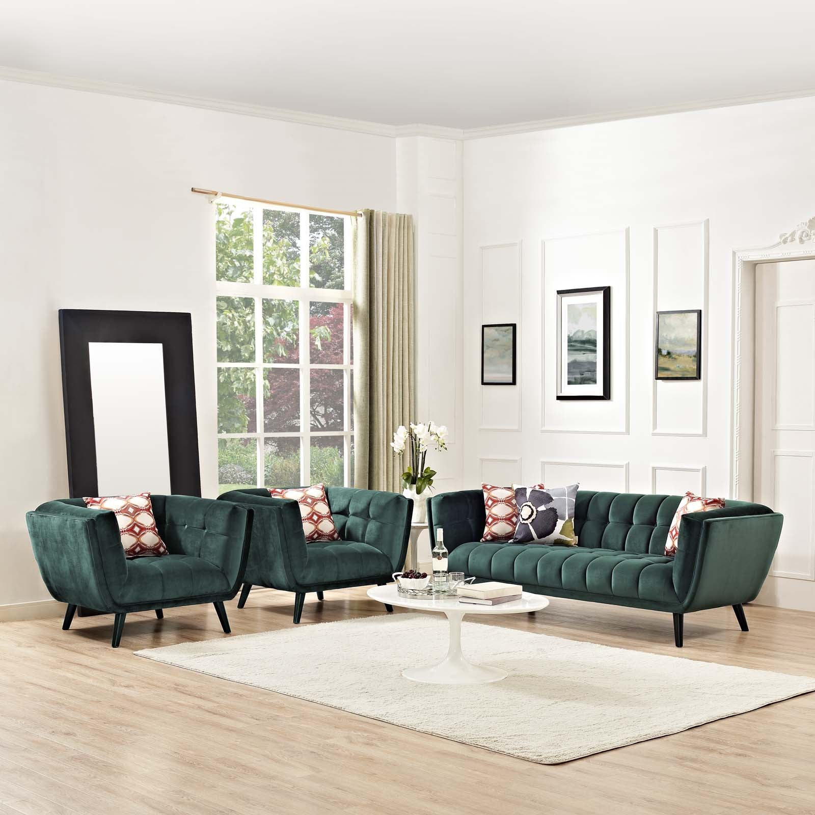 Modway Living Room Sets - Bestow 3 Piece Performance Velvet Sofa and Armchair Set Green