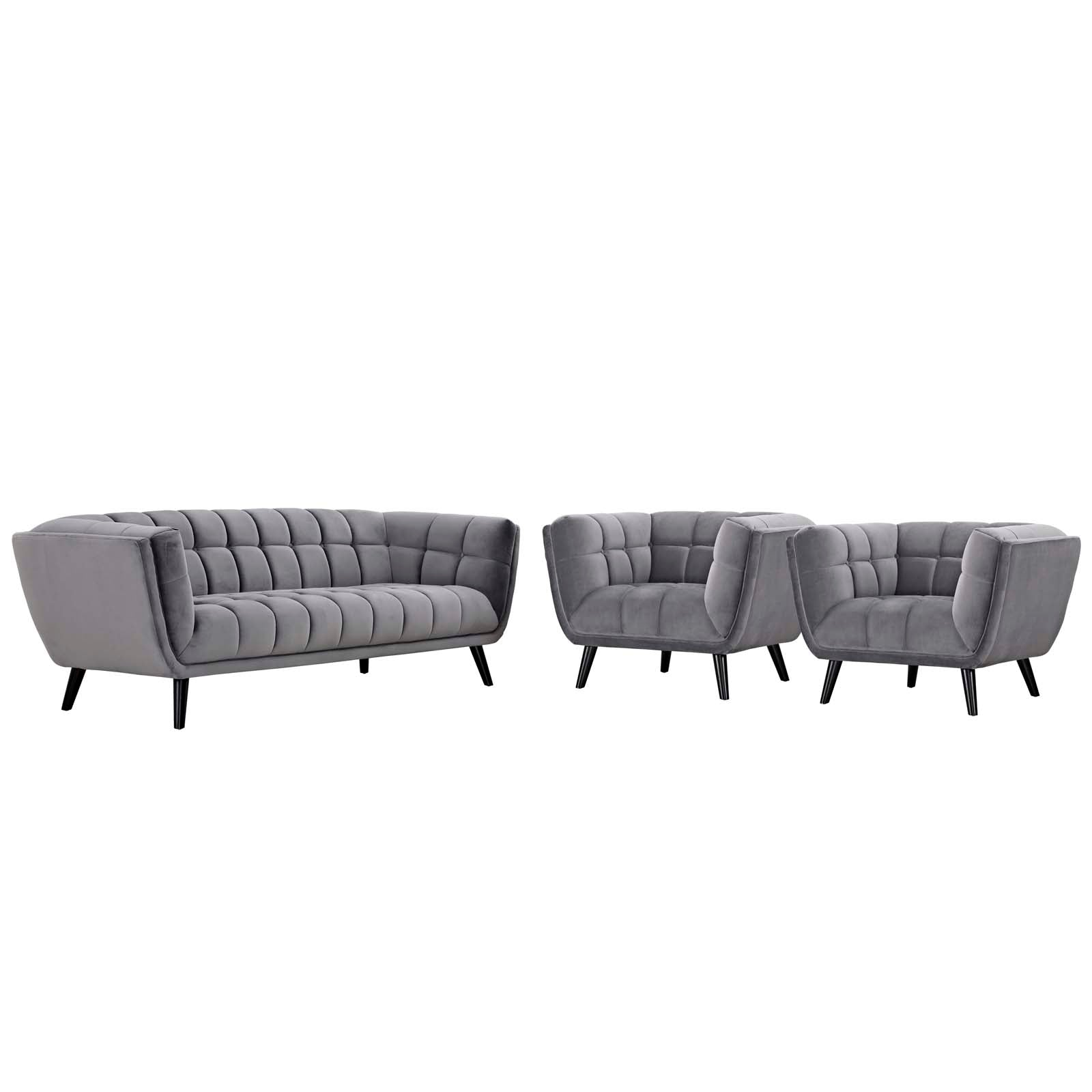 Modway Living Room Sets - Bestow 3 Piece Performance Velvet Sofa and Armchair Set Gray