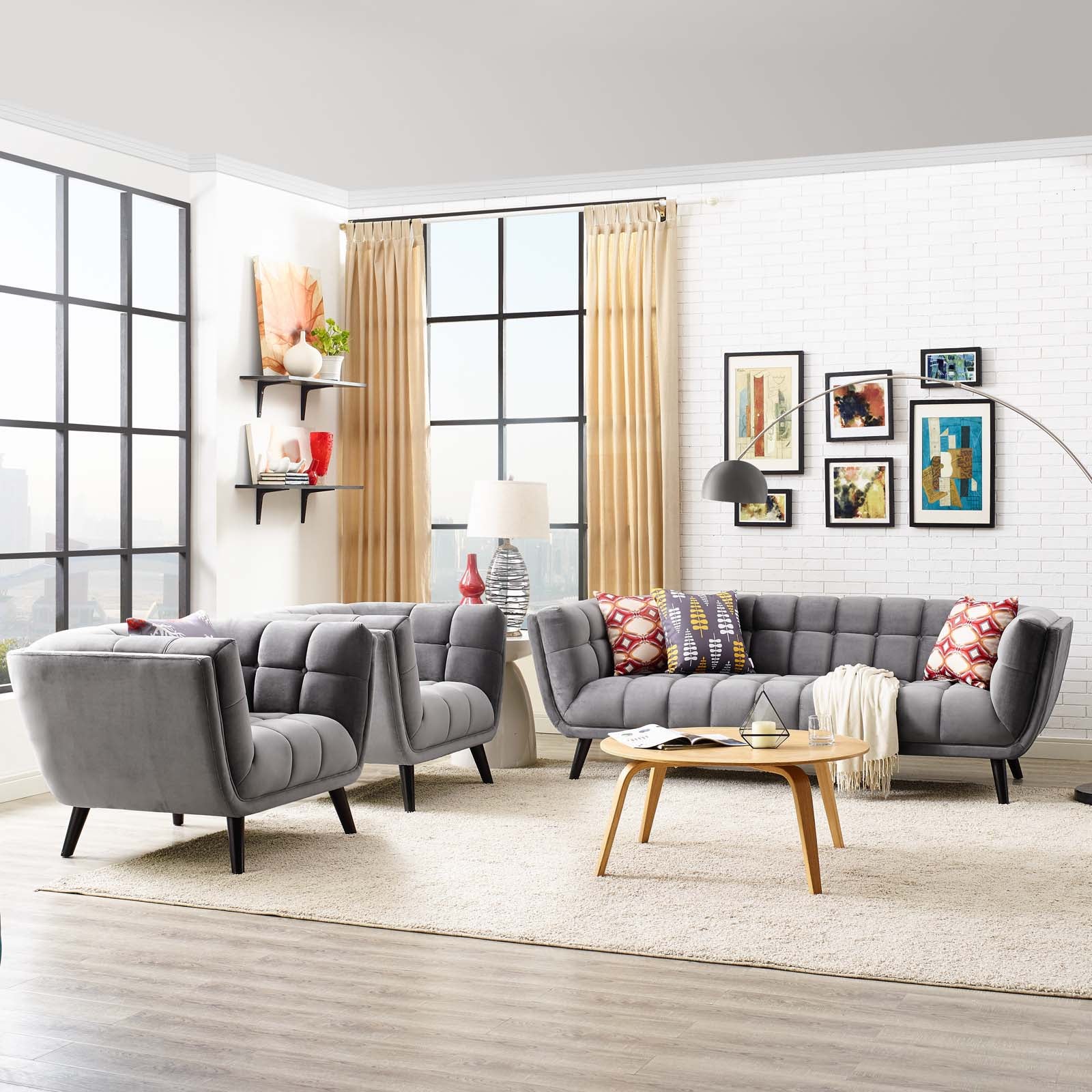Modway Living Room Sets - Bestow 3 Piece Performance Velvet Sofa and Armchair Set Gray