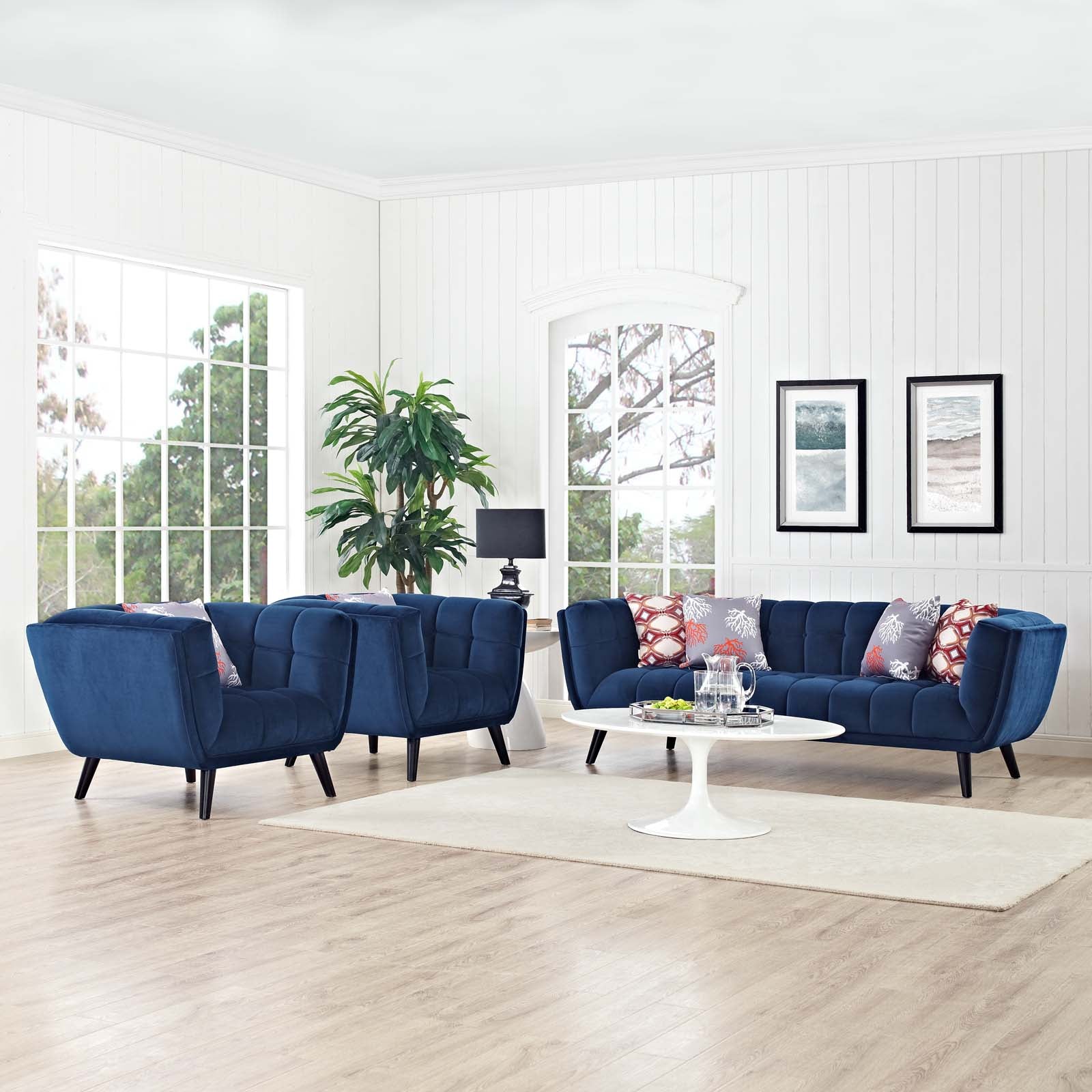 Modway Living Room Sets - Bestow 3 Piece Performance Velvet Sofa and Armchair Set Navy