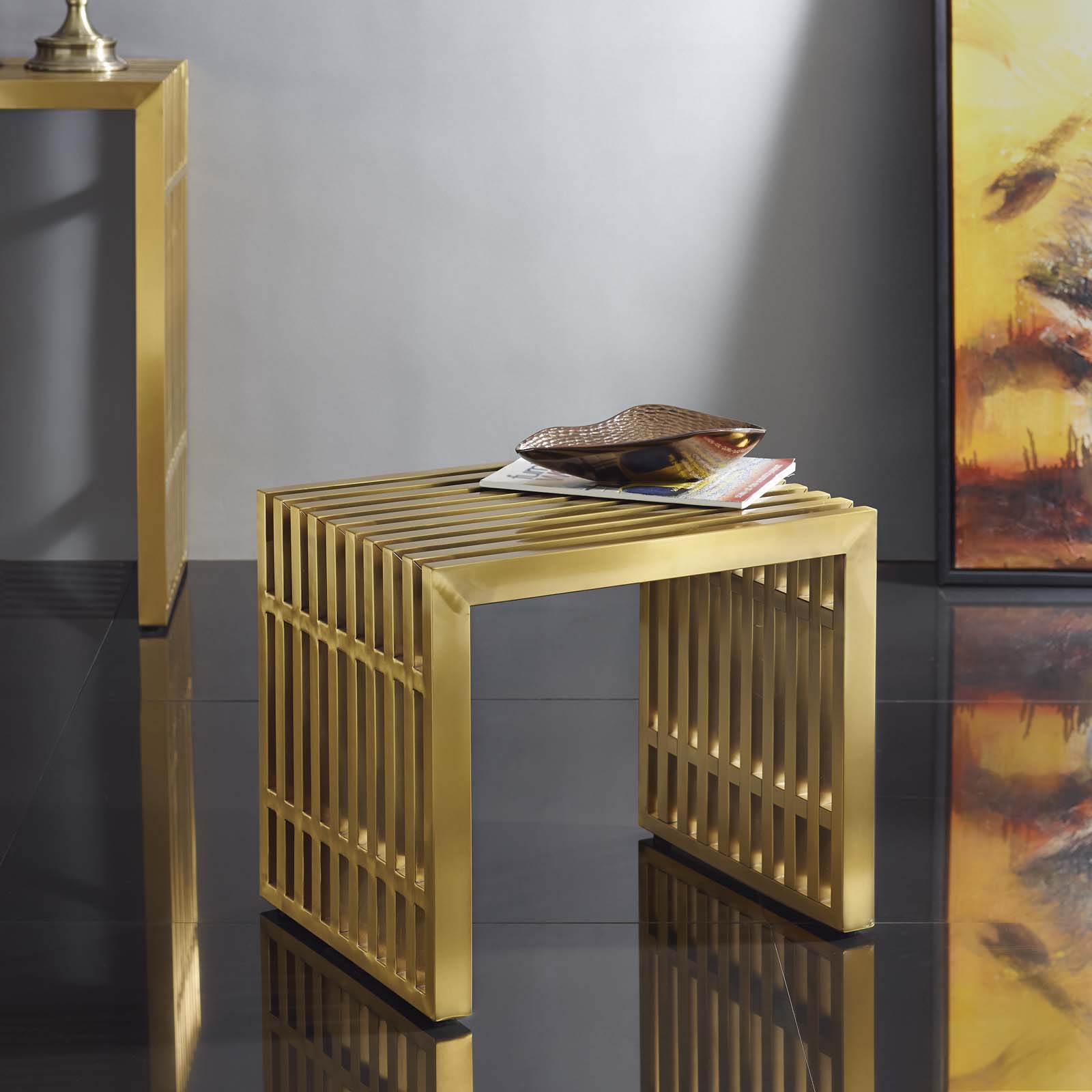 Modway Benches - Gridiron Small Stainless Steel Bench Gold