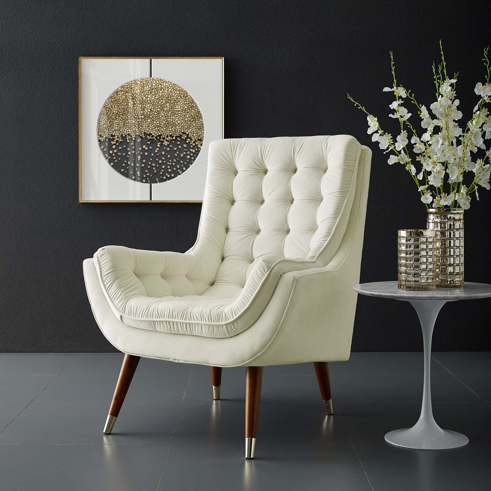 Modway Accent Chairs - Suggest Button Tufted Performance Velvet Lounge Chair Ivory