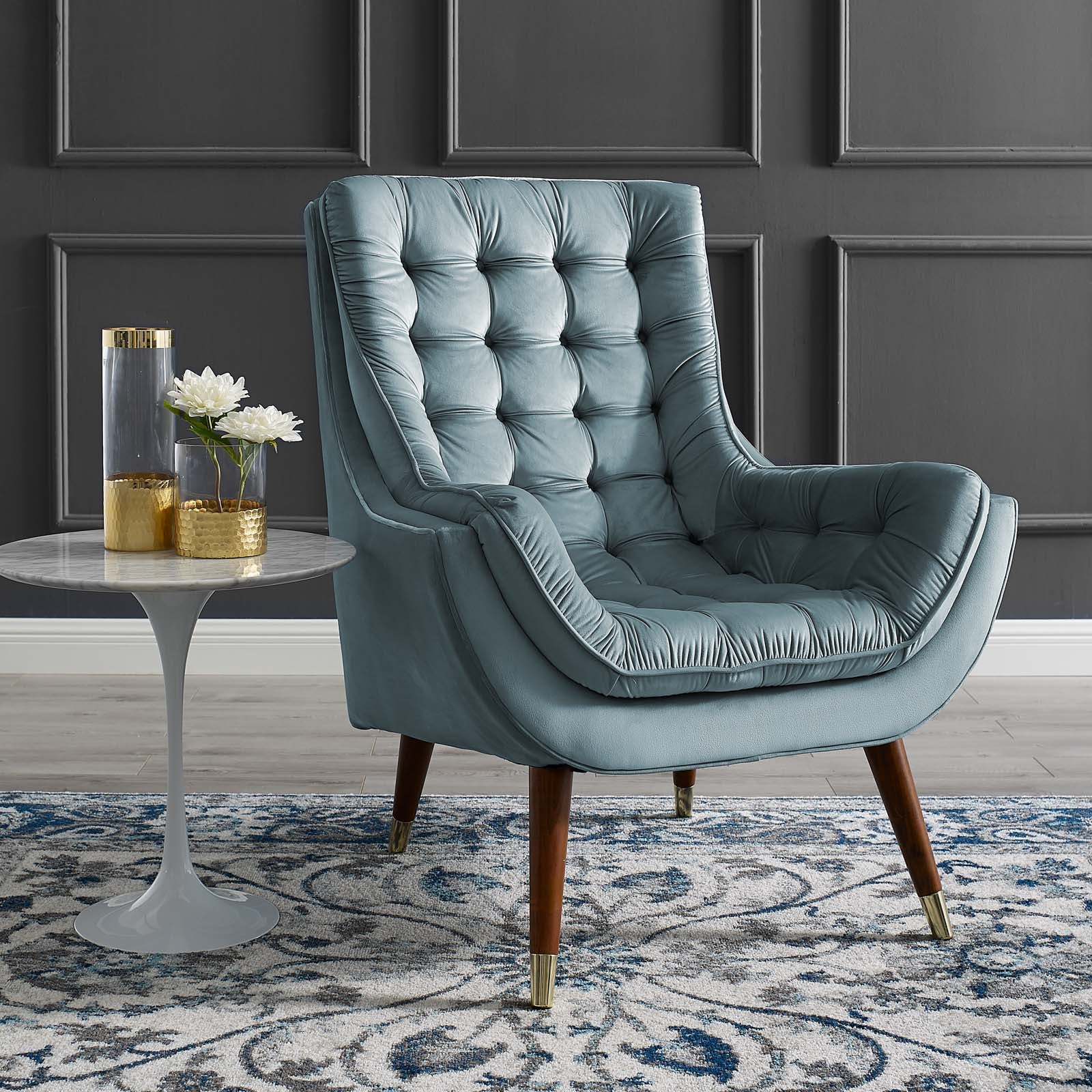 Modway Accent Chairs - Suggest Button Tufted Performance Velvet Lounge Chair Light Blue