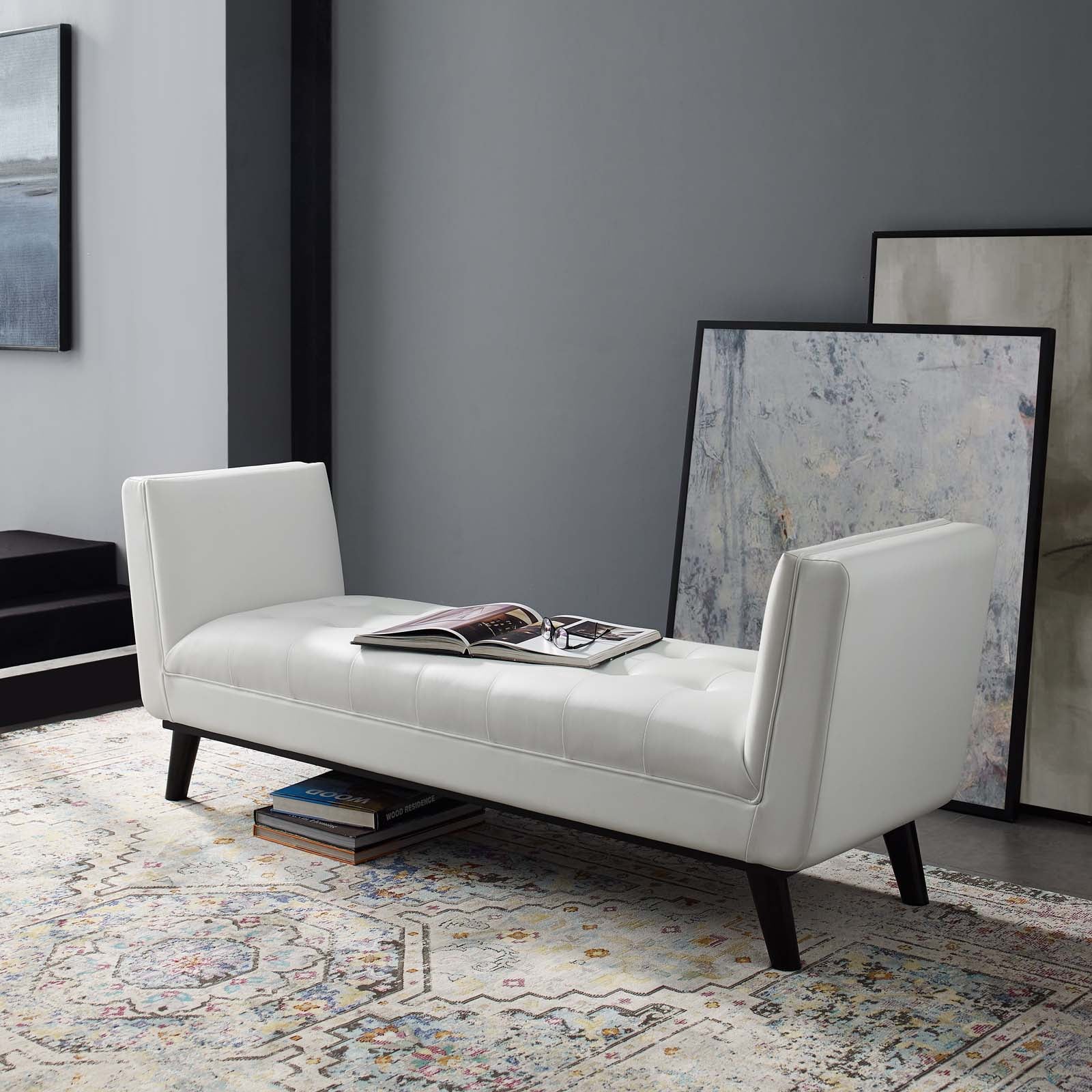 Modway Benches - Haven Tufted Button Faux Leather Accent Bench White