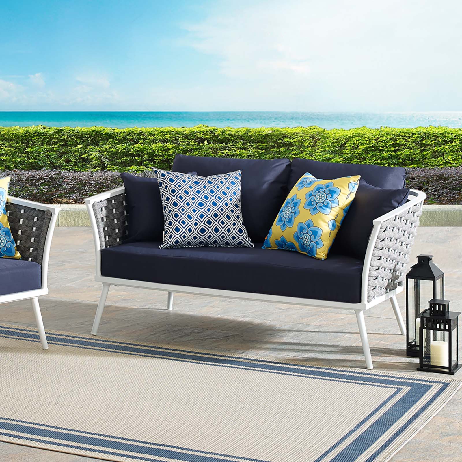 Modway Outdoor Sofas - Stance Outdoor Patio Aluminum Loveseat White Navy