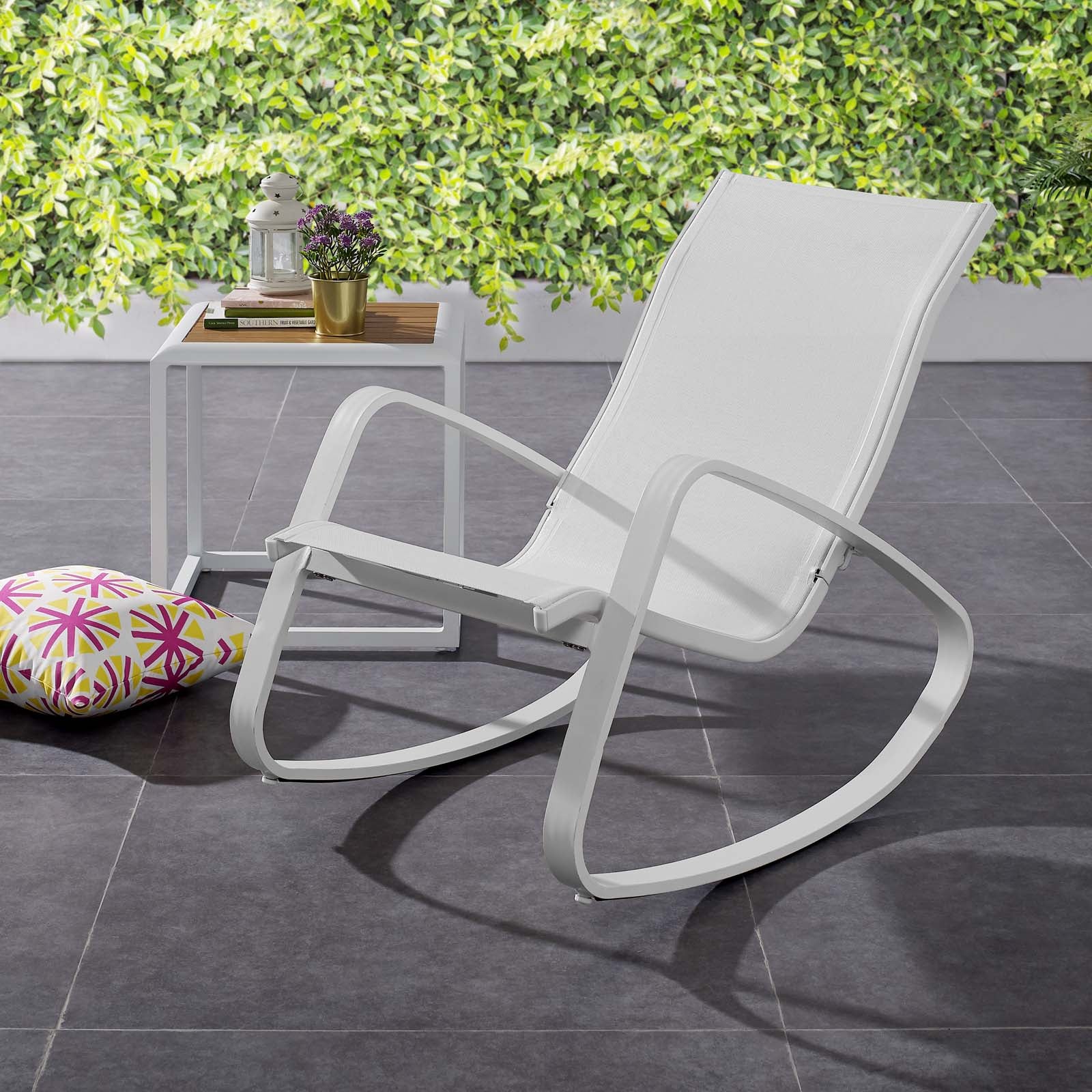 Modway Outdoor Chairs - Traveler Rocking Outdoor Patio Mesh Sling Lounge Chair White White