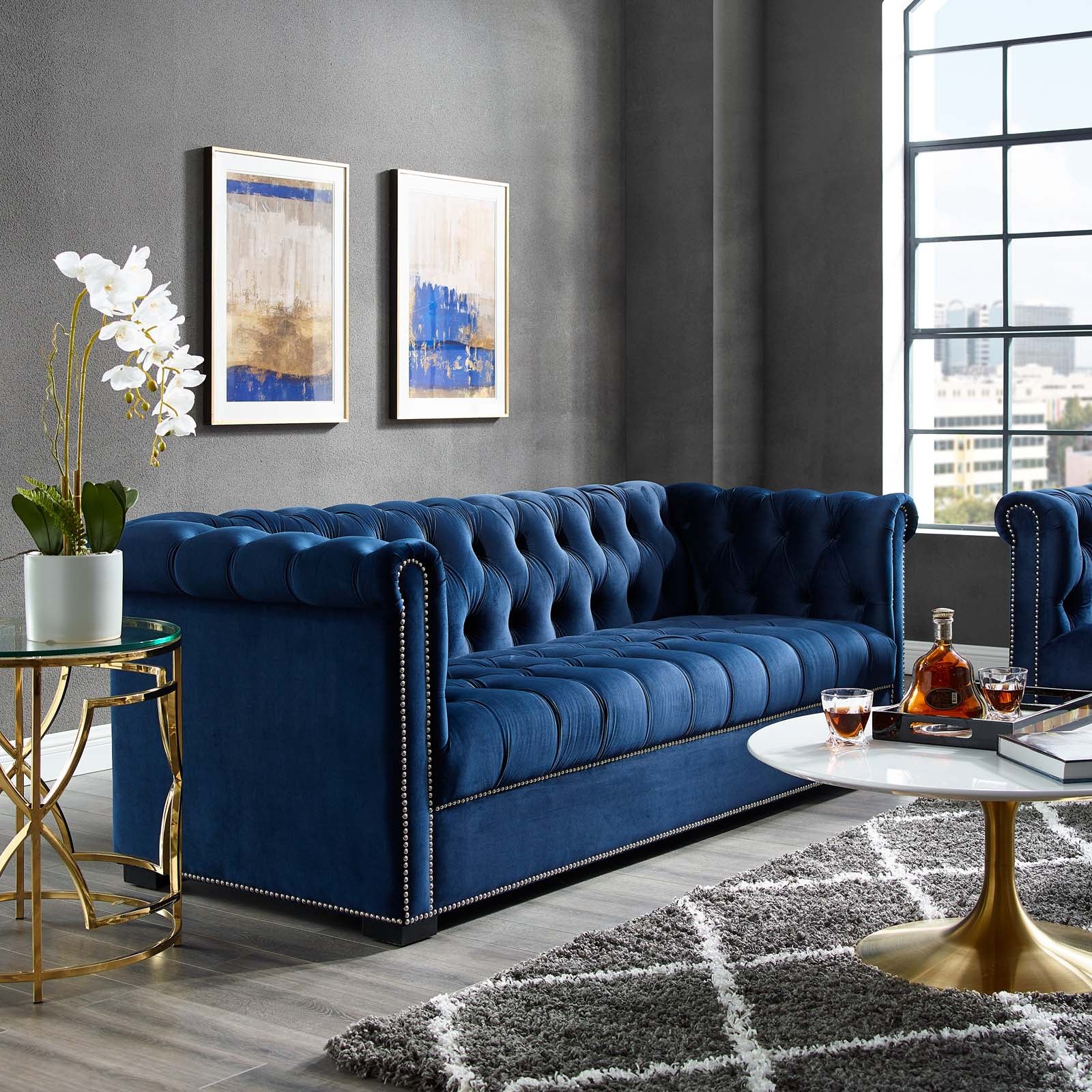 Modway Sofas & Couches - Heritage Performance Velvet Sofa Midnight Blue