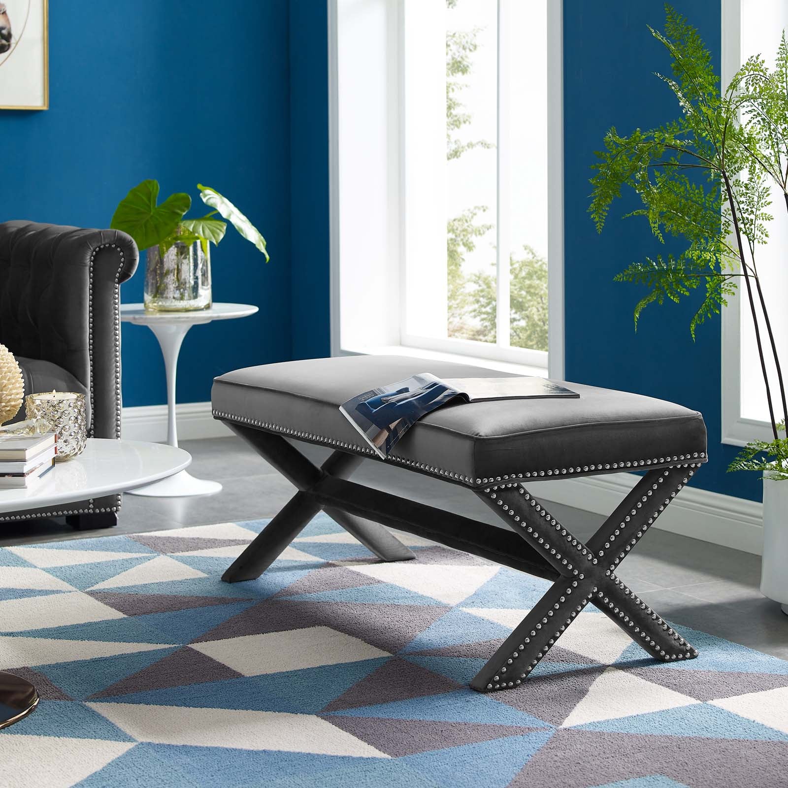 Modway Benches - Rivet Performance Velvet Bench Gray