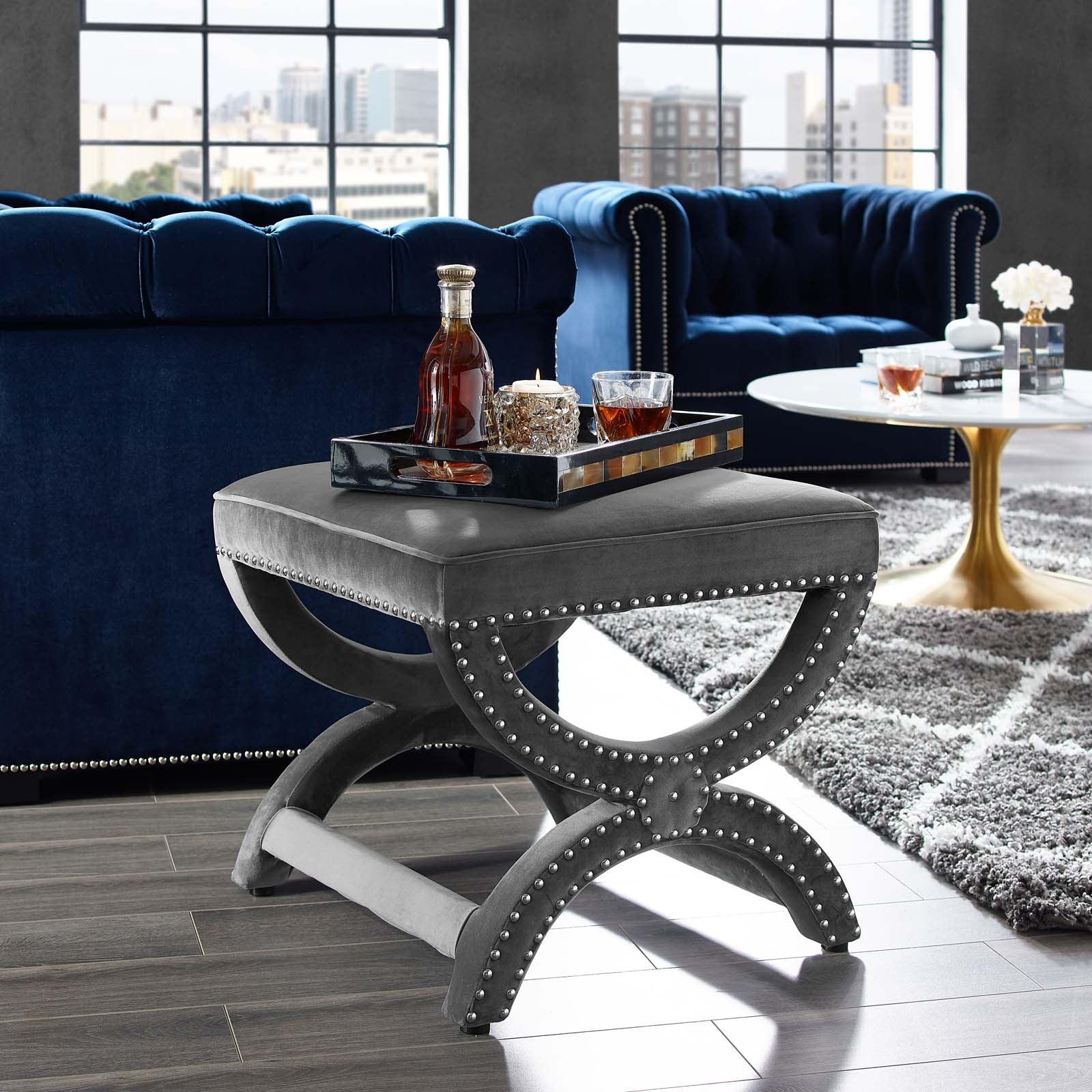Modway Ottomans & Stools - Expound Upholstered Nailhead Trim Performance Velvet Ottoman Gray