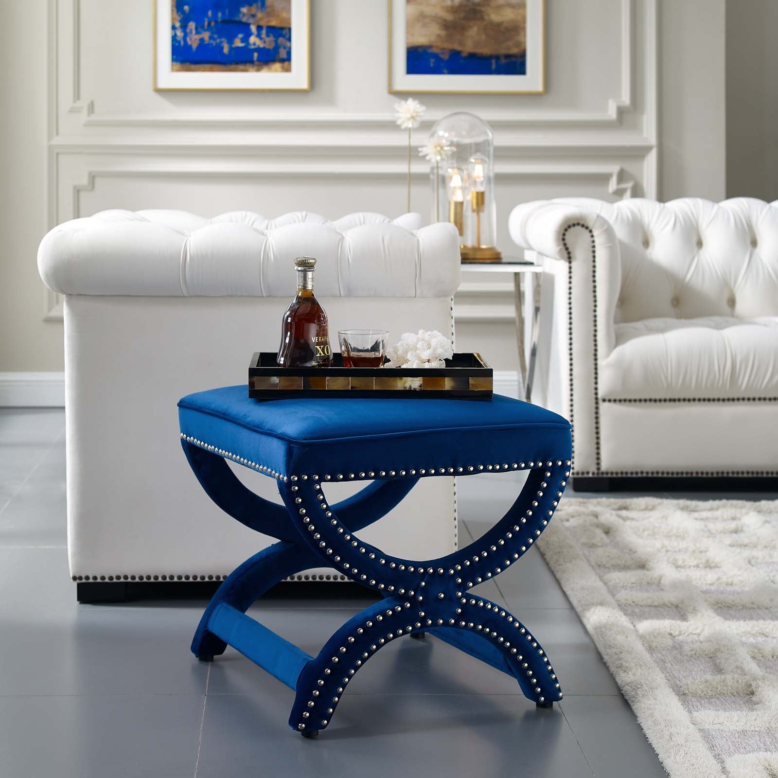 Modway Ottomans & Stools - Expound Upholstered Nailhead Trim Performance Velvet Ottoman Navy