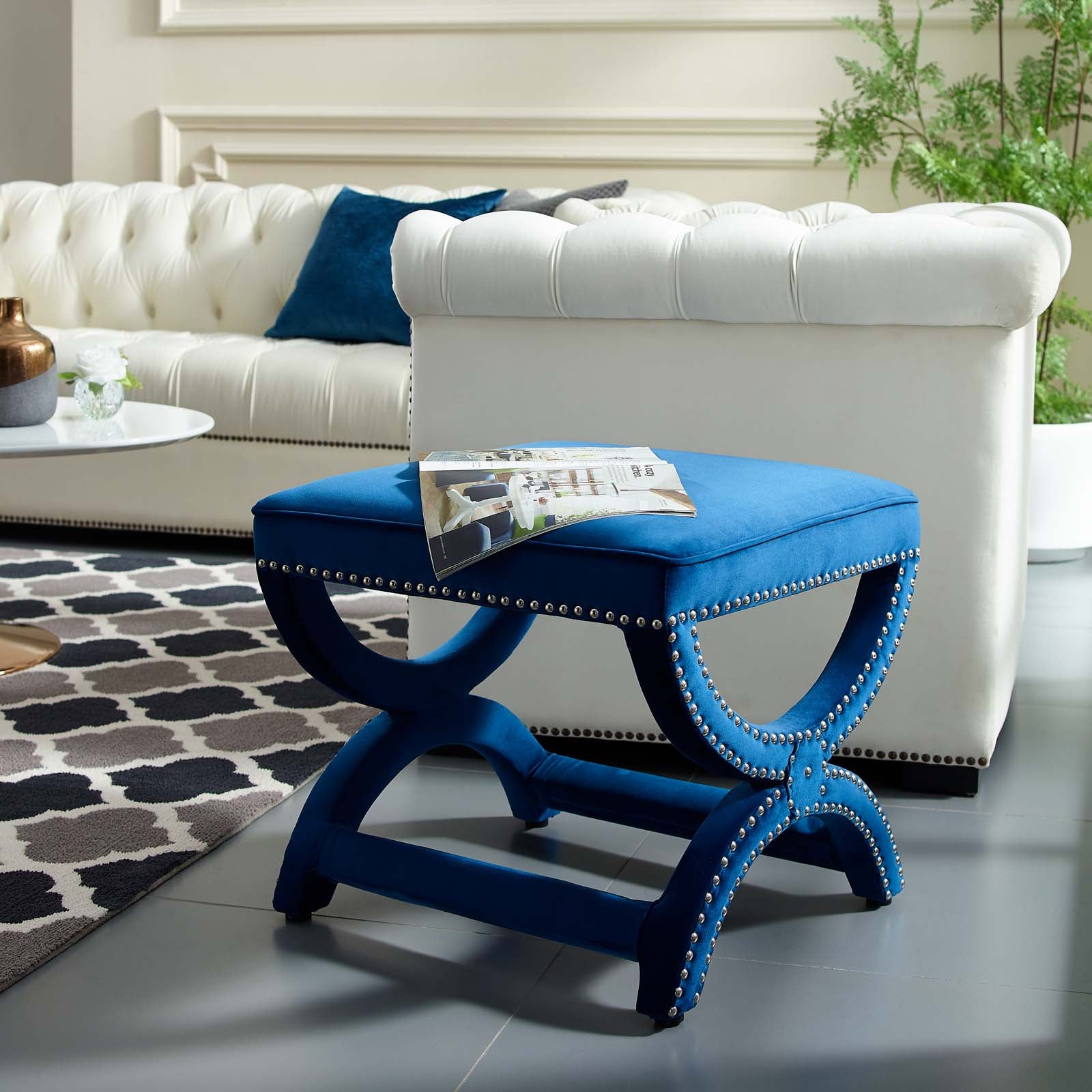 Modway Ottomans & Stools - Expound Upholstered Nailhead Trim Performance Velvet Ottoman Navy
