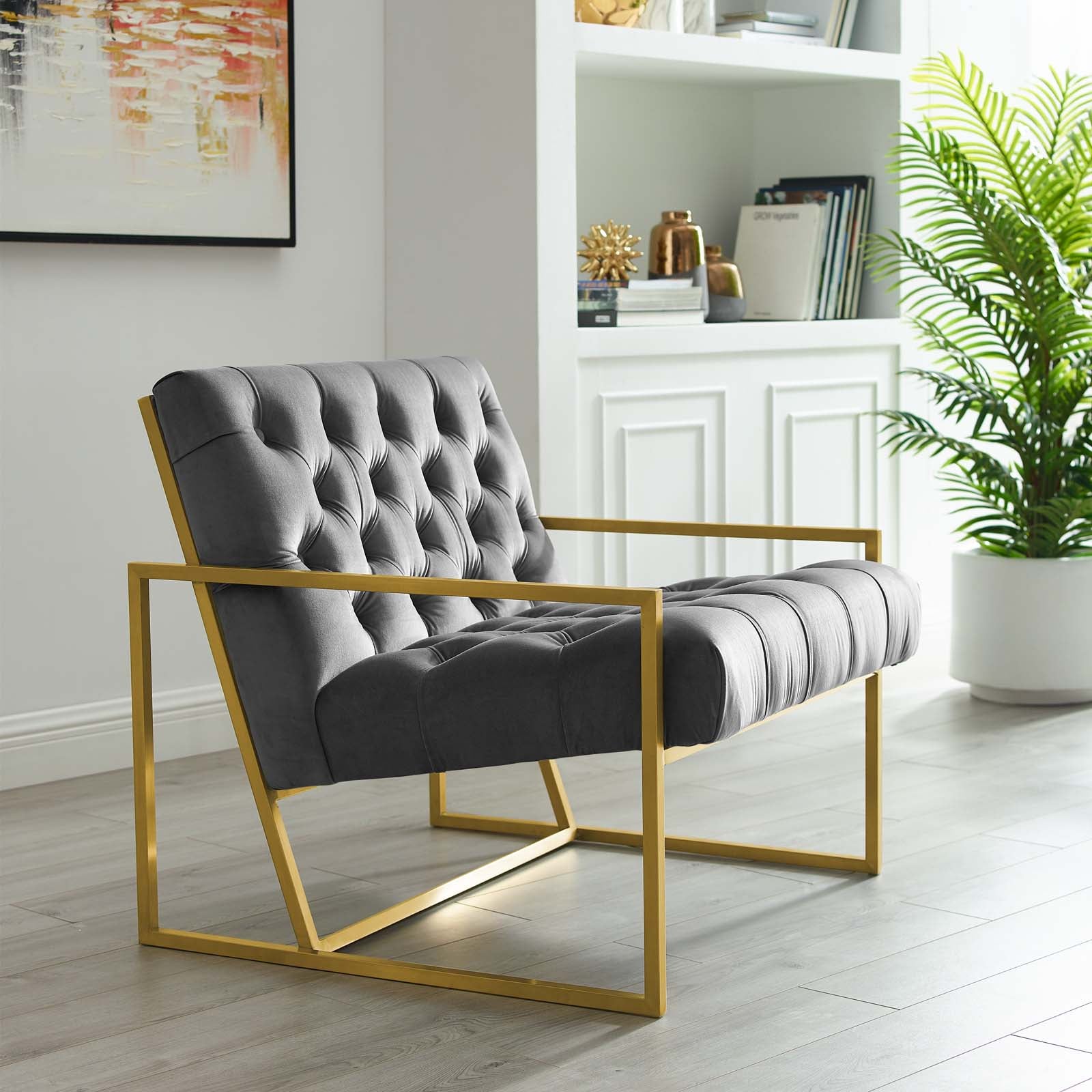 Modway Accent Chairs - Bequest Gold Stainless Steel Performance Velvet Accent Chair Gray