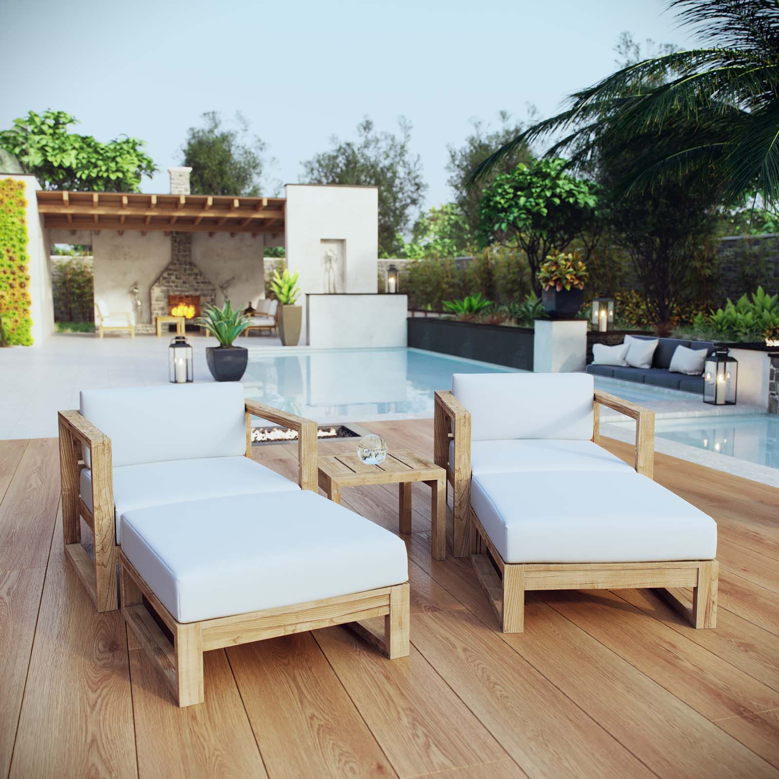 Modway Outdoor Conversation Sets - Upland 5 Piece Outdoor Patio Teak Set Natural White