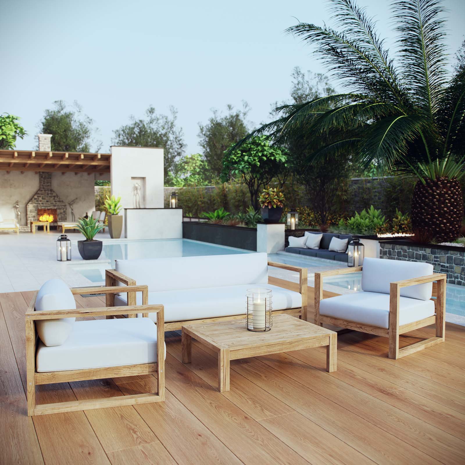 Modway Outdoor Conversation Sets - Upland 4 Piece Outdoor Patio Teak Set Natural White