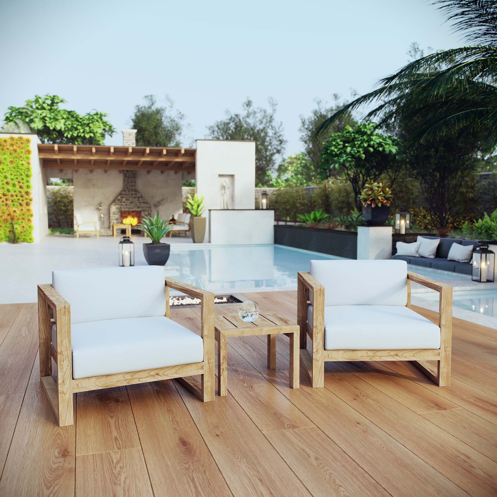 Modway Outdoor Conversation Sets - Upland 3 Piece Outdoor Patio Teak Set White