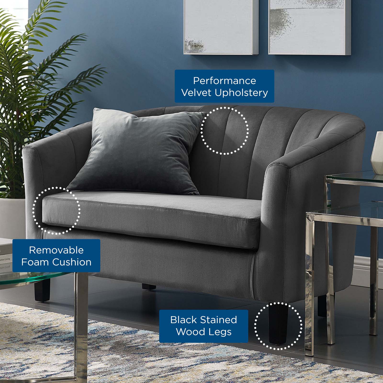 Modway Loveseats - Prospect Channel Tufted Performance Velvet Loveseat Gray
