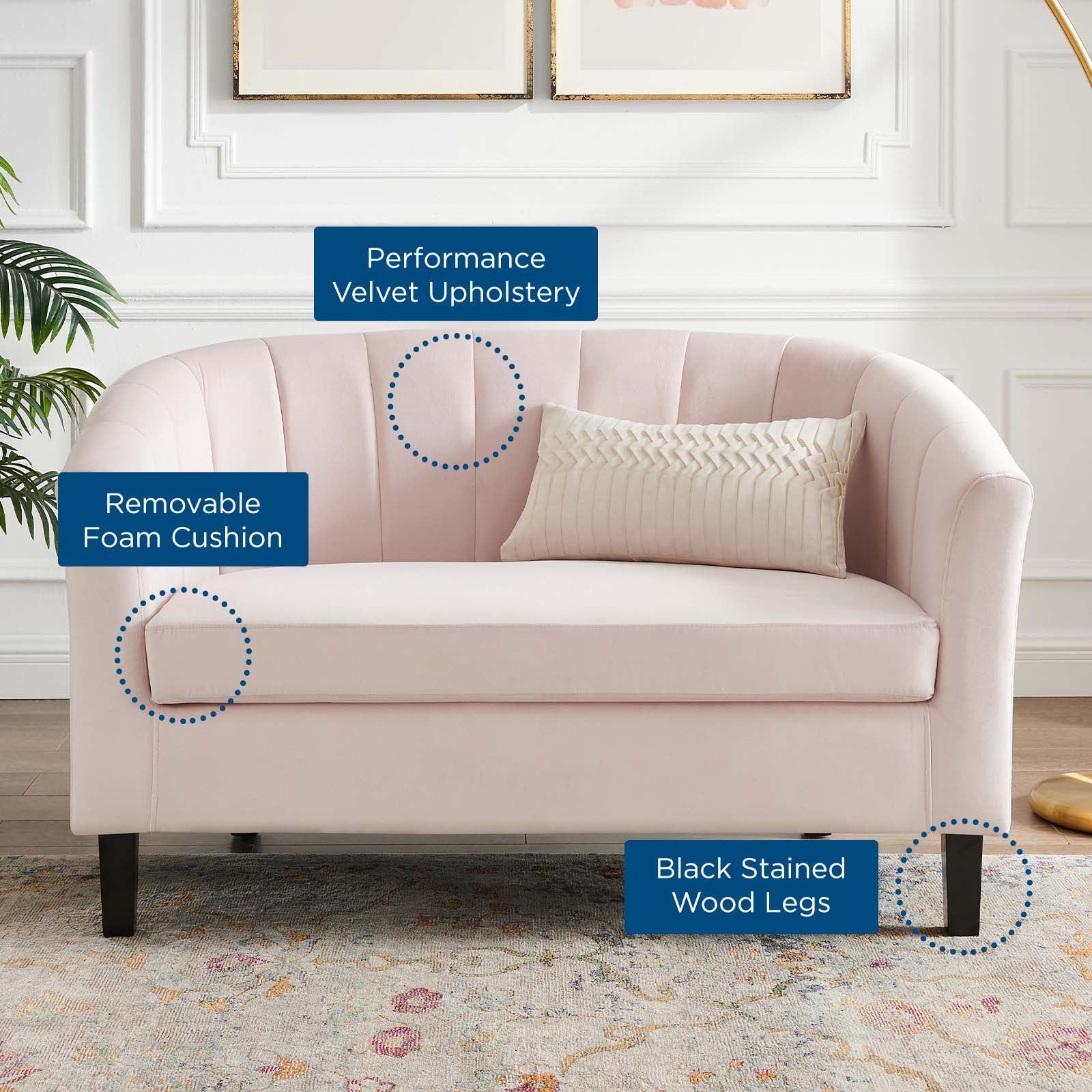 Modway Loveseats - Prospect Channel Tufted Performance Velvet Loveseat Pink
