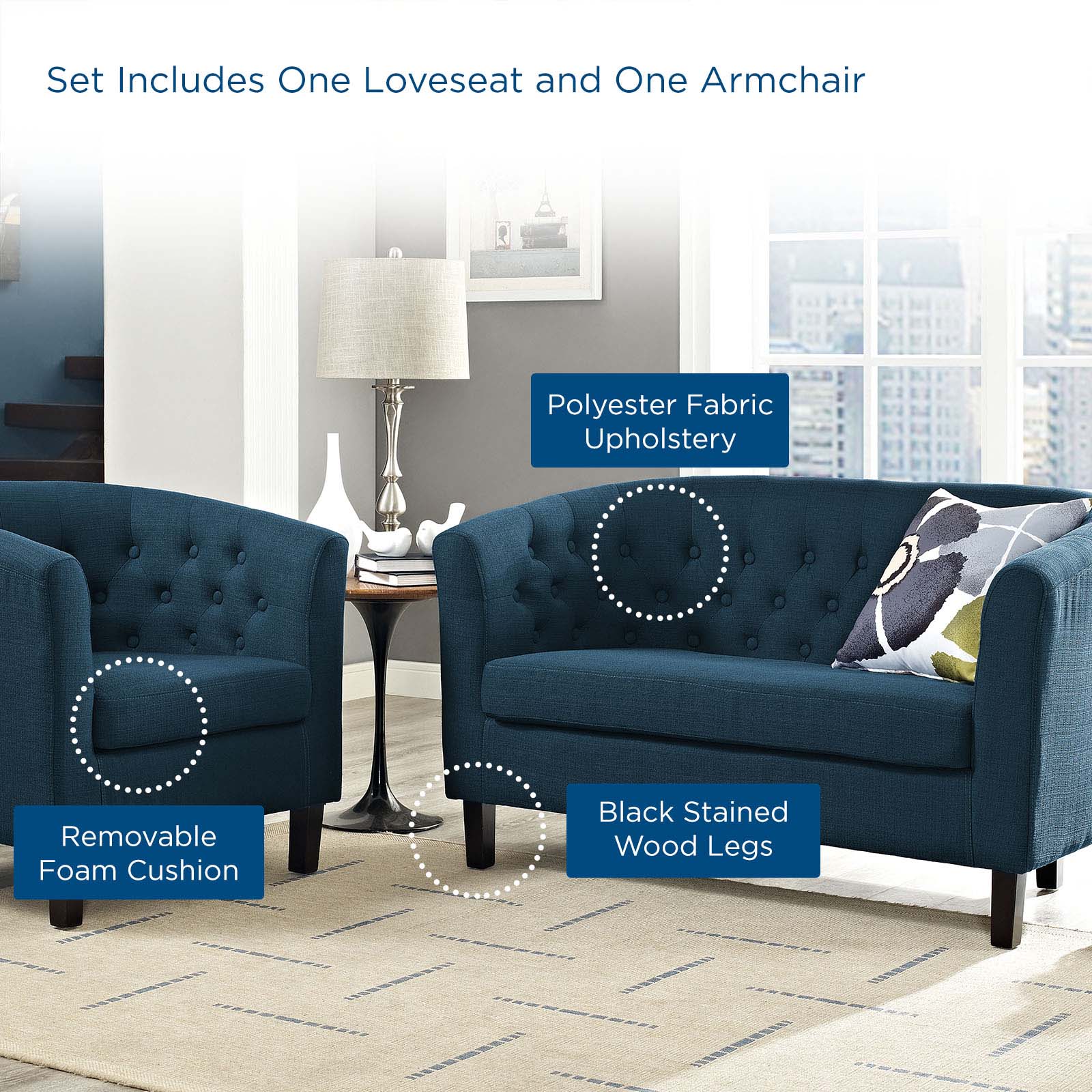 Modway Living Room Sets - Prospect 2 Piece Upholstered Fabric Loveseat and Armchair Set Azure