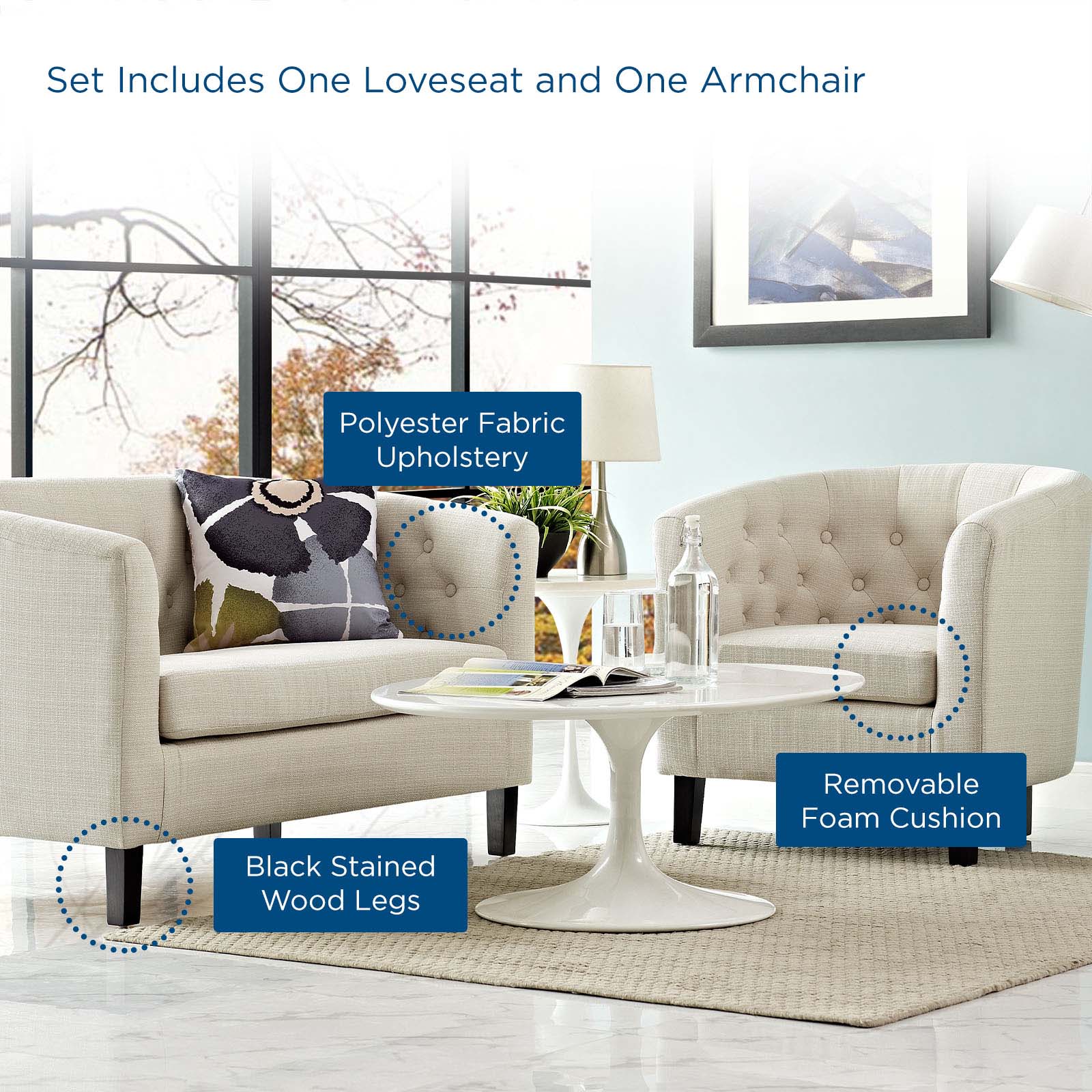 Modway Living Room Sets - Prospect 2 Piece Upholstered Fabric Loveseat and Armchair Set Beige