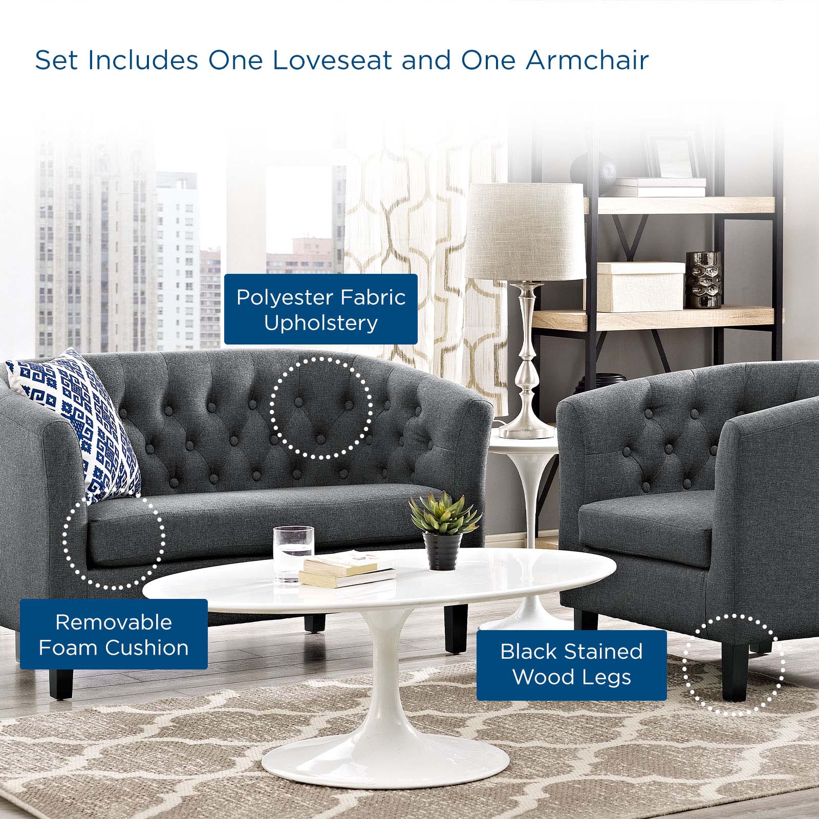 Modway Living Room Sets - Prospect 2 Piece Upholstered Fabric Loveseat and Armchair Set Gray