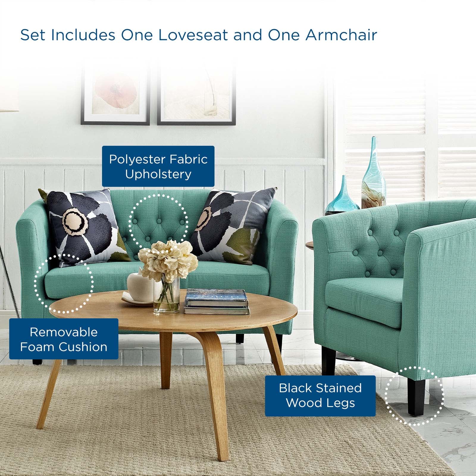 Modway Living Room Sets - Prospect 2 Piece Upholstered Fabric Loveseat and Armchair Set Laguna