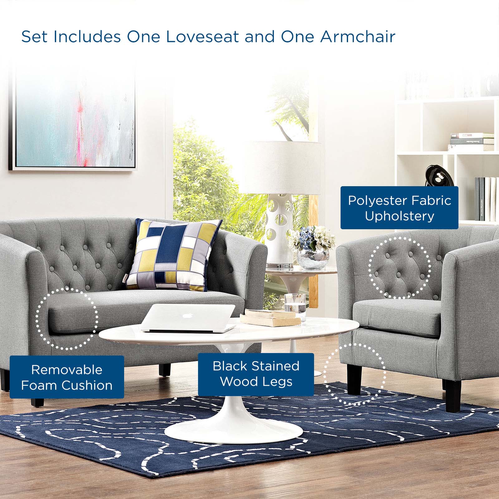 Modway Living Room Sets - Prospect 2 Piece Upholstered Fabric Loveseat and Armchair Set Light Gray