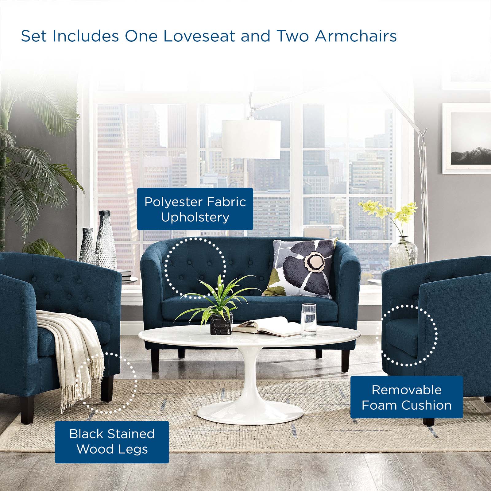 Modway Living Room Sets - Prospect 3 Piece Upholstered Fabric Loveseat and Armchair Set Azure