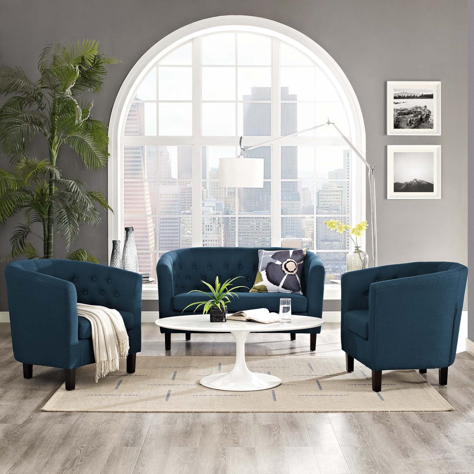 Modway Living Room Sets - Prospect 3 Piece Upholstered Fabric Loveseat and Armchair Set Azure
