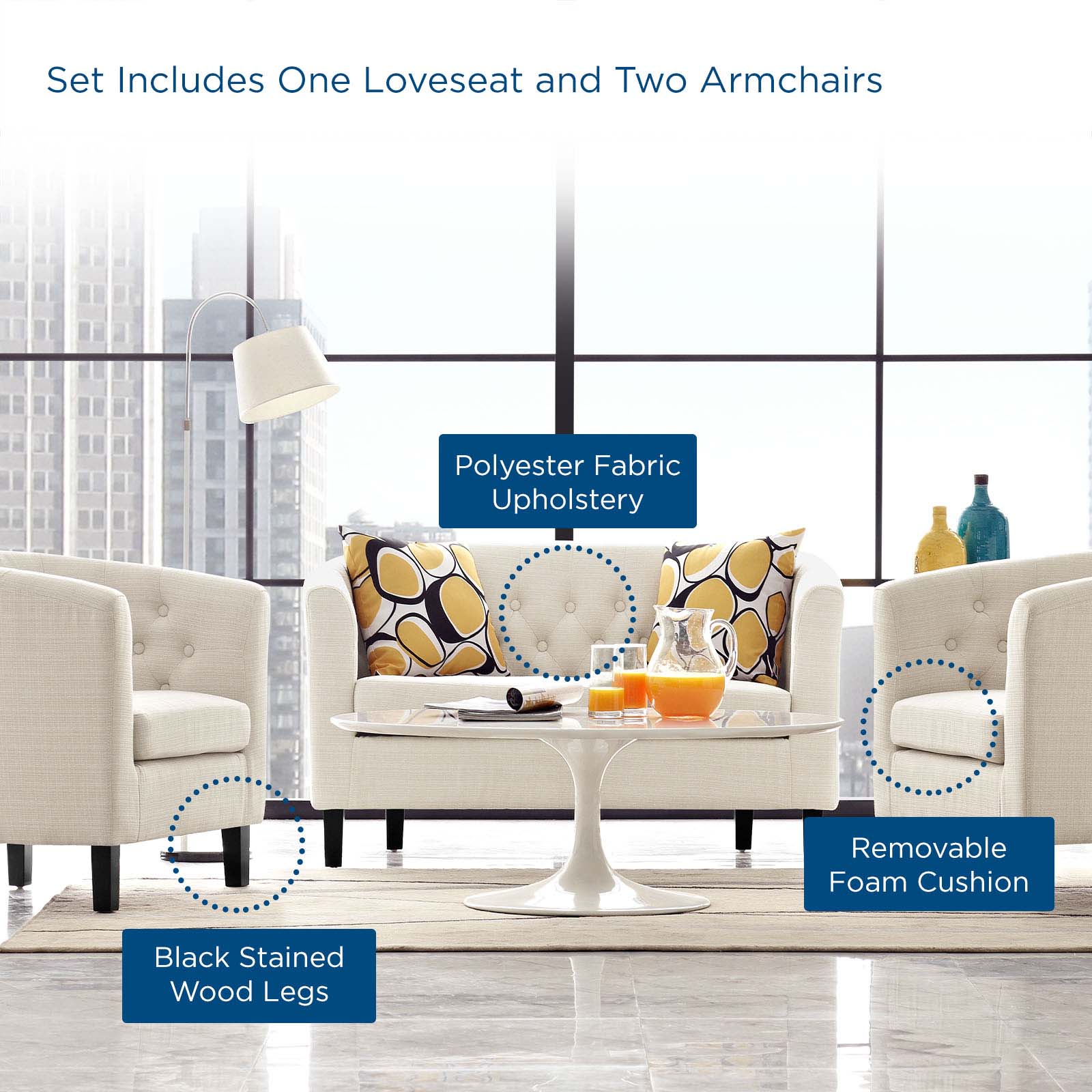 Modway Living Room Sets - Prospect 3 Piece Upholstered Fabric Loveseat and Armchair Set Beige