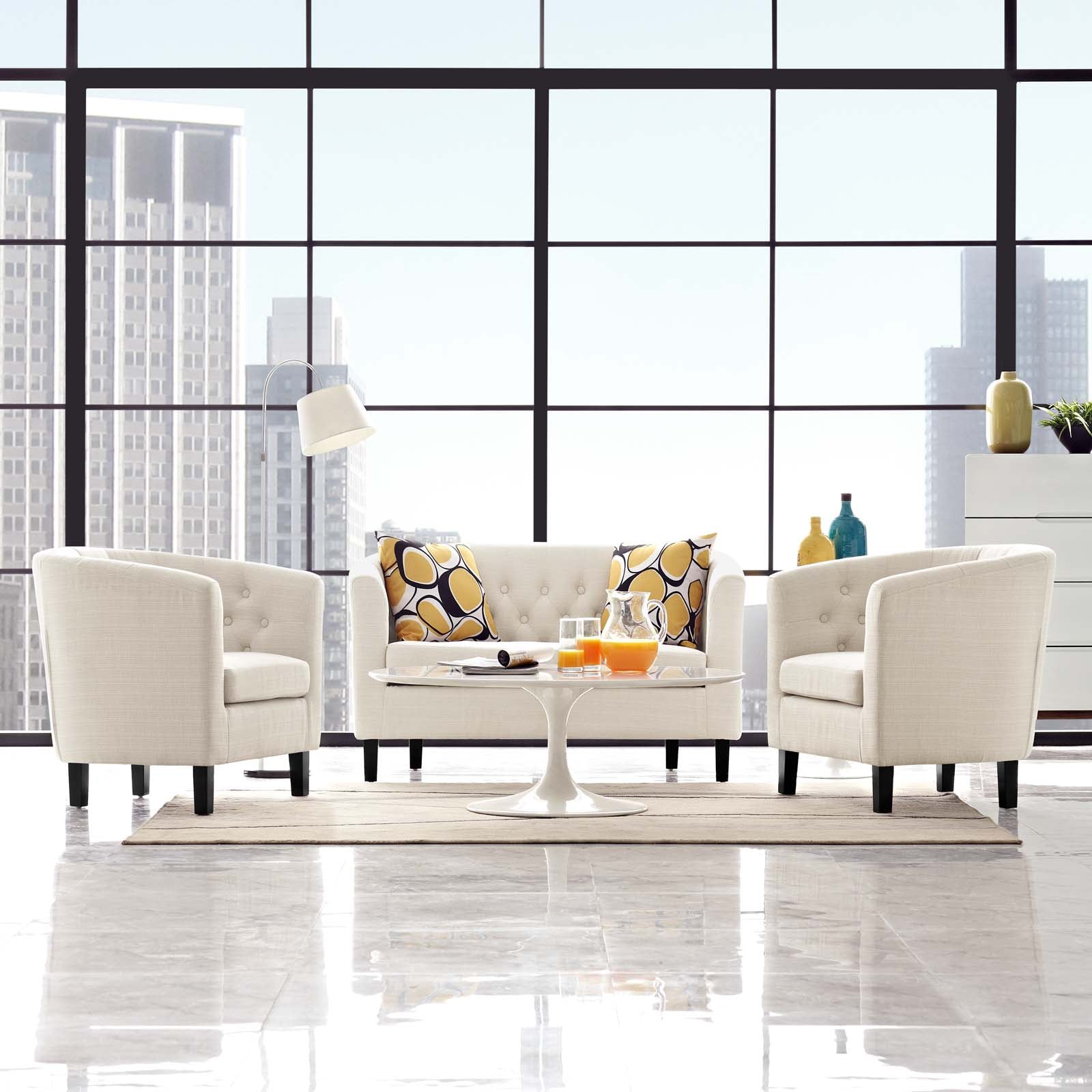 Modway Living Room Sets - Prospect 3 Piece Upholstered Fabric Loveseat and Armchair Set Beige