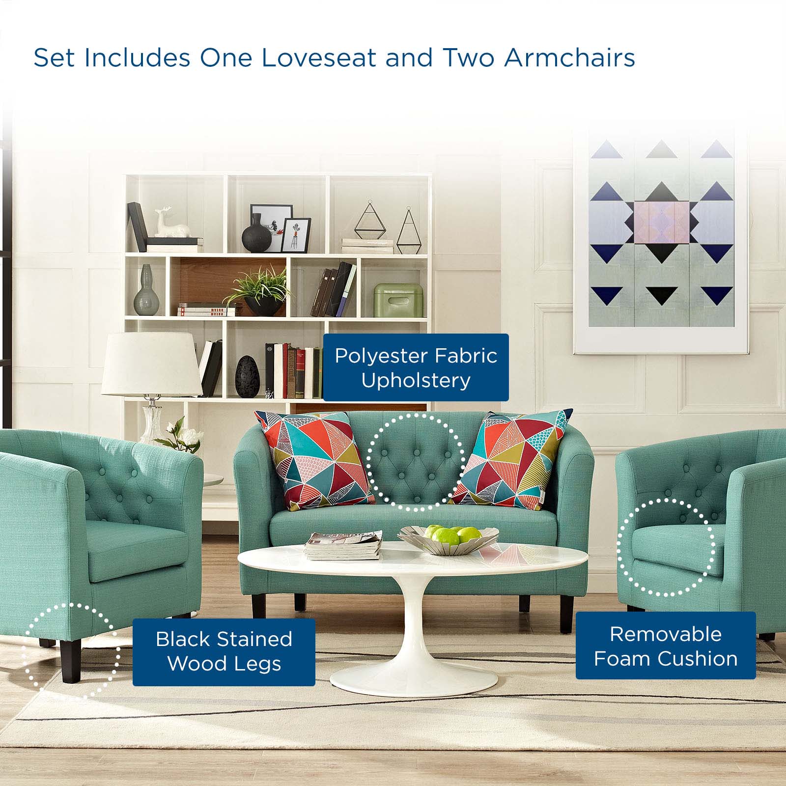 Modway Living Room Sets - Prospect 3 Piece Upholstered Fabric Loveseat and Armchair Set Laguna