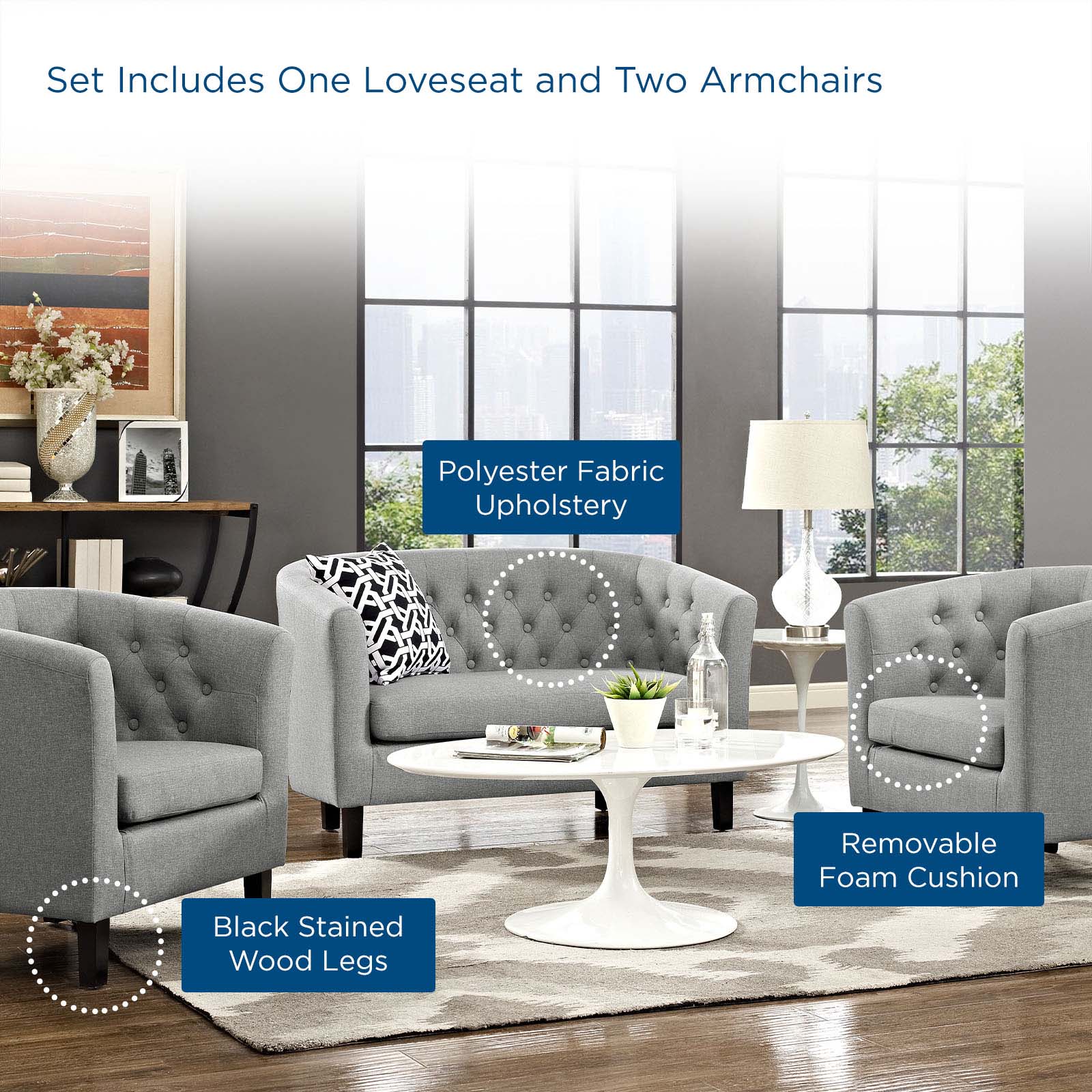 Modway Living Room Sets - Prospect 3 Piece Upholstered Fabric Loveseat and Armchair Set Light Gray