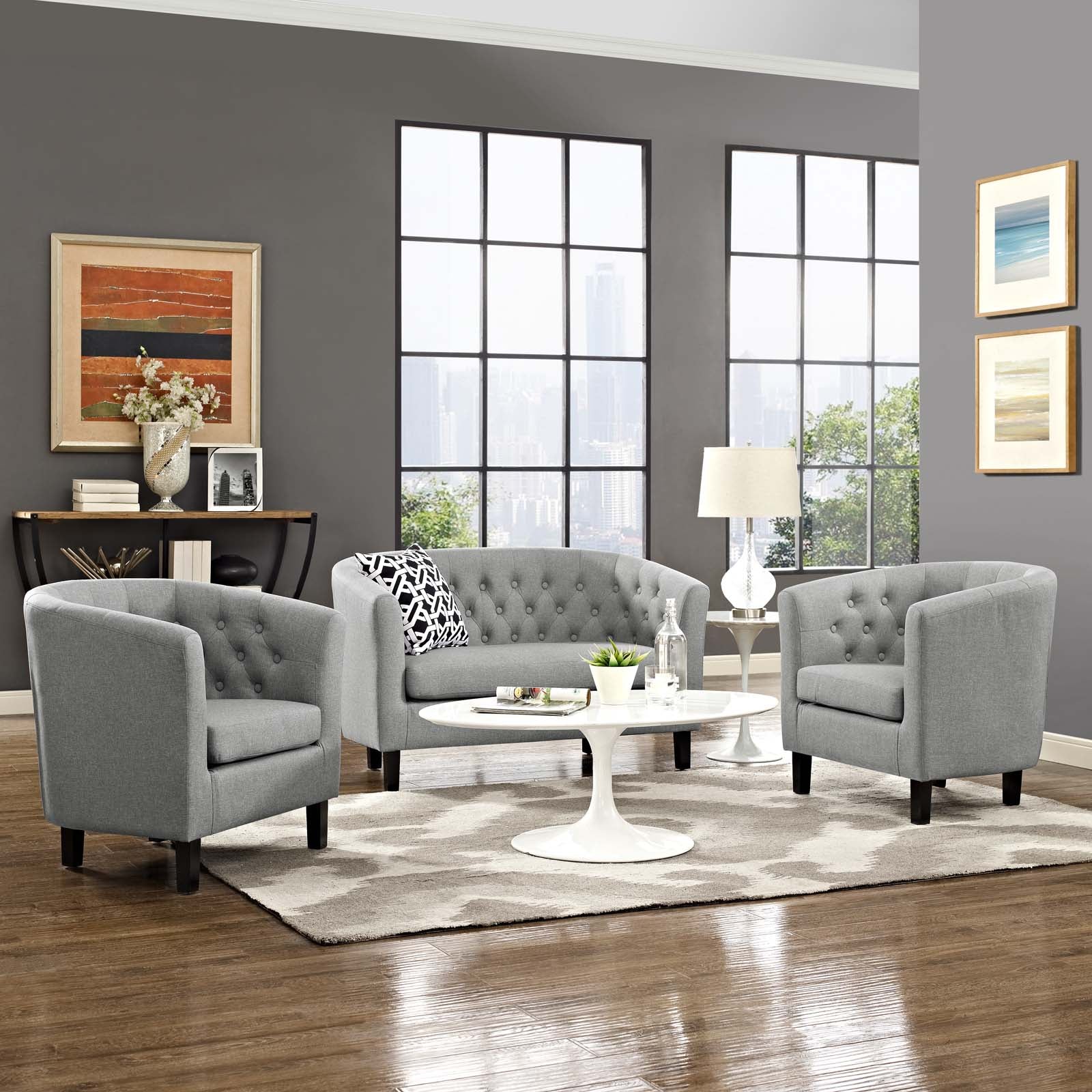 Modway Living Room Sets - Prospect 3 Piece Upholstered Fabric Loveseat and Armchair Set Light Gray