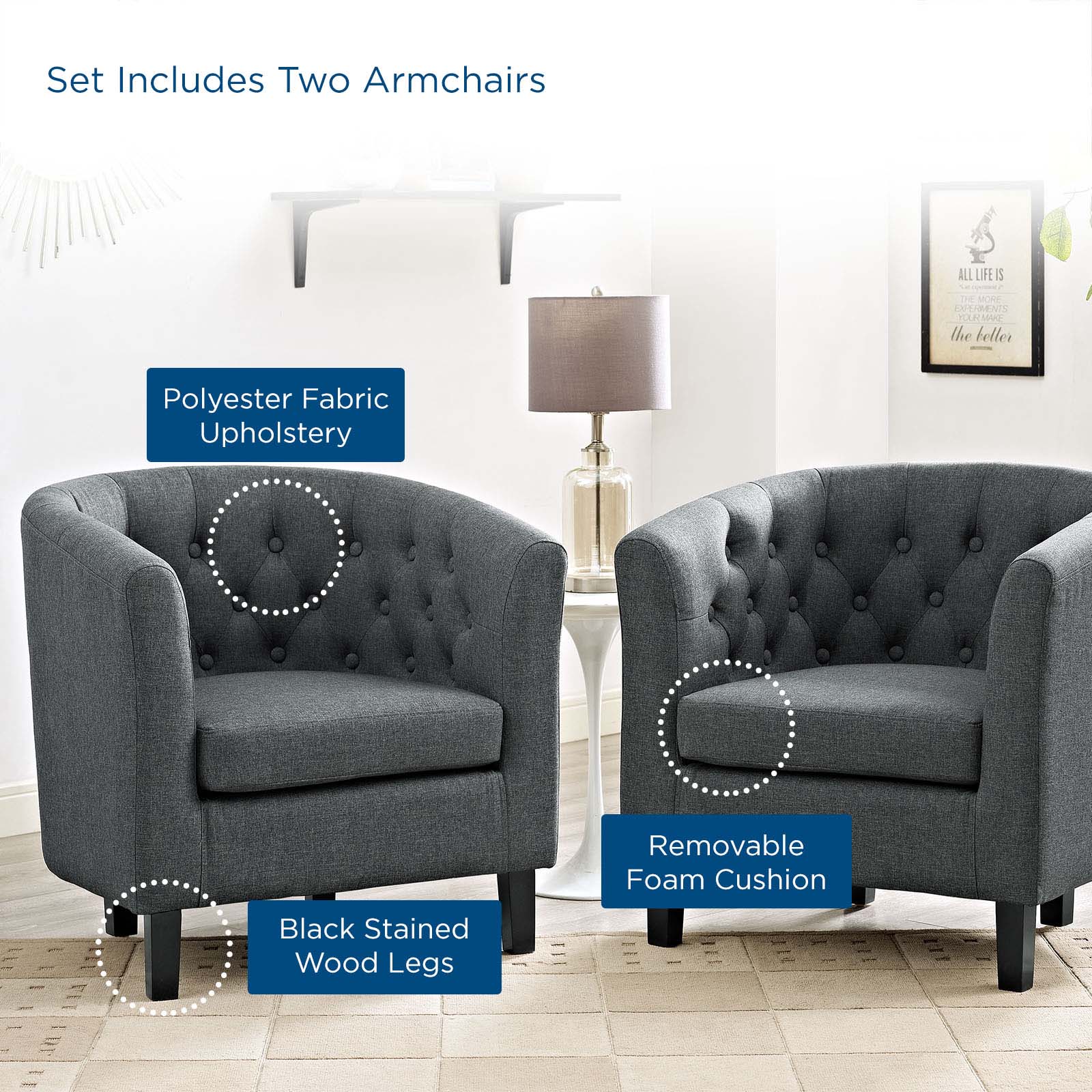 Modway Accent Chairs - Prospect 2 Piece Upholstered Fabric Armchair Set Gray