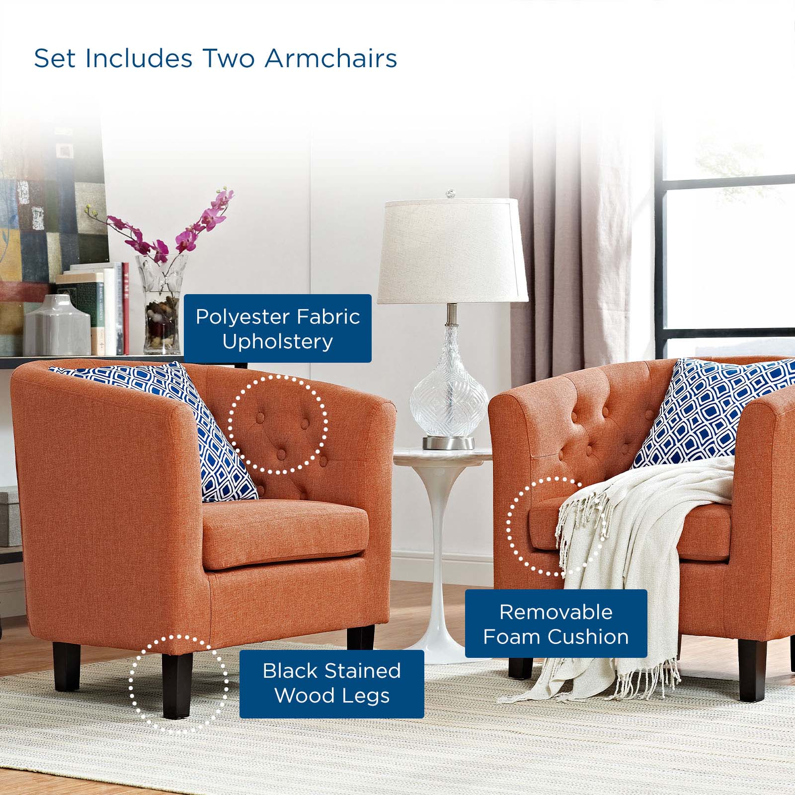 Modway Living Room Sets - Prospect 2 Piece Upholstered Fabric Armchair Set Orange