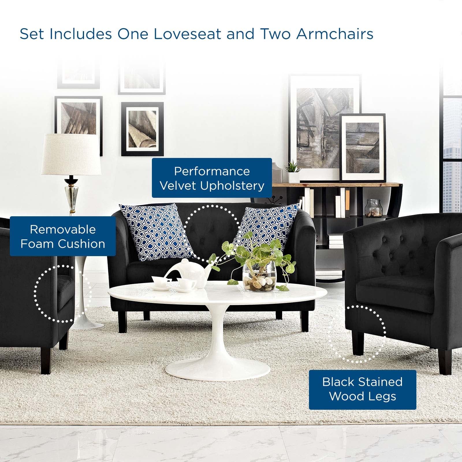 Modway Living Room Sets - Prospect 3 Piece Performance Velvet Loveseat and Armchair Set Black