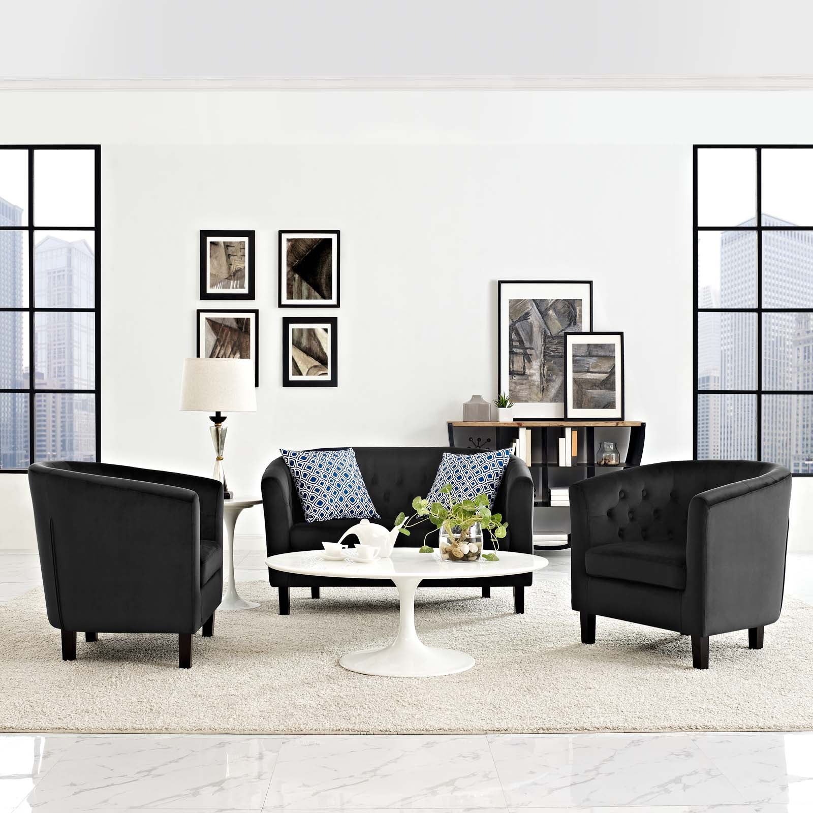 Modway Living Room Sets - Prospect 3 Piece Performance Velvet Loveseat and Armchair Set Black