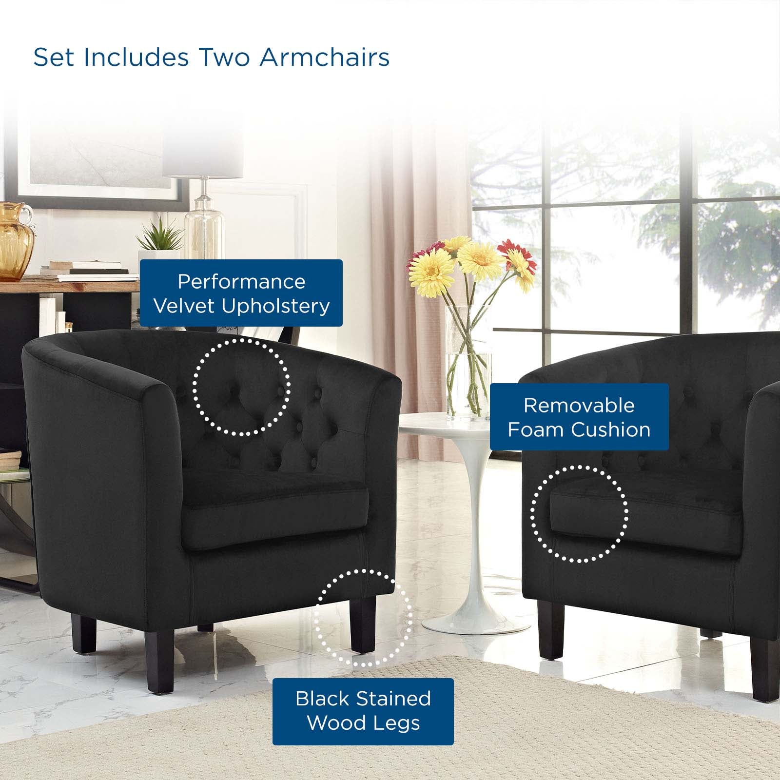 Modway Accent Chairs - Prospect 2 Piece Performance Velvet Armchair Set Black