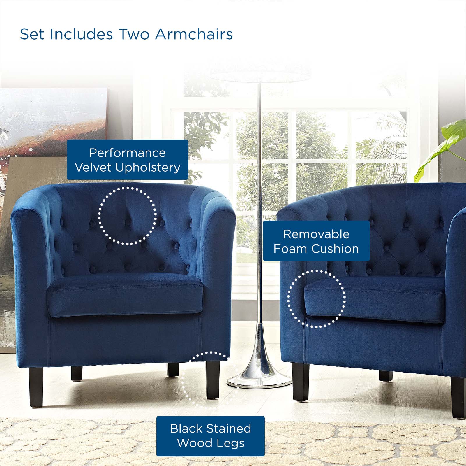 Modway Living Room Sets - Prospect 2 Piece Performance Velvet Armchair Set Navy