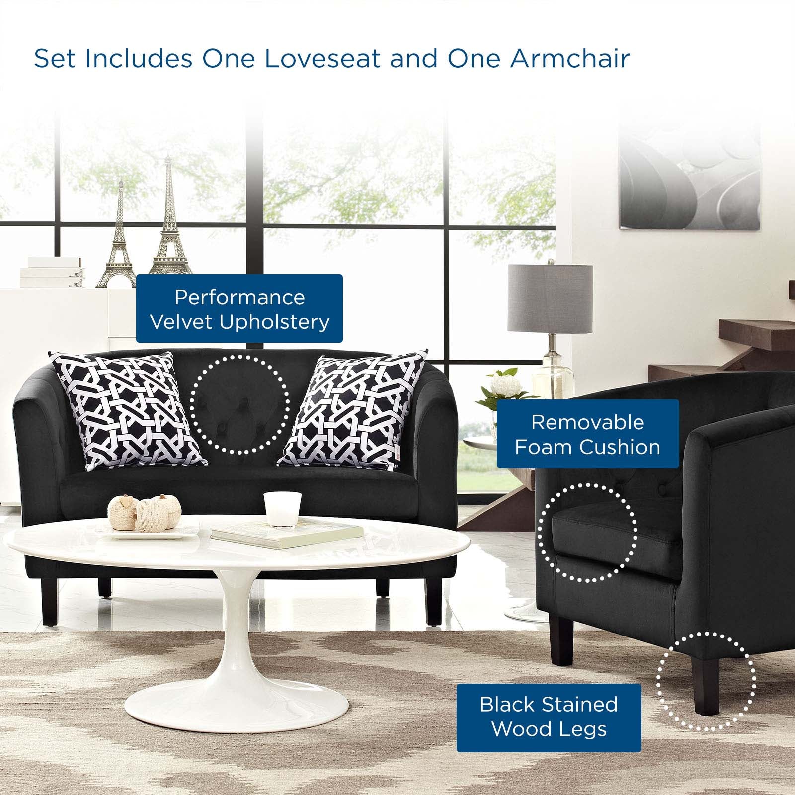 Modway Living Room Sets - Prospect 2 Piece Performance Velvet Loveseat and Armchair Set Black