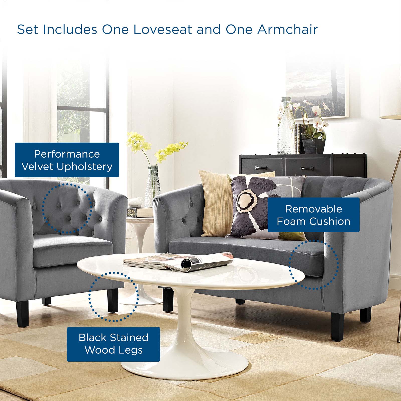 Modway Living Room Sets - Prospect 2 Piece Performance Velvet Loveseat and Armchair Set Gray