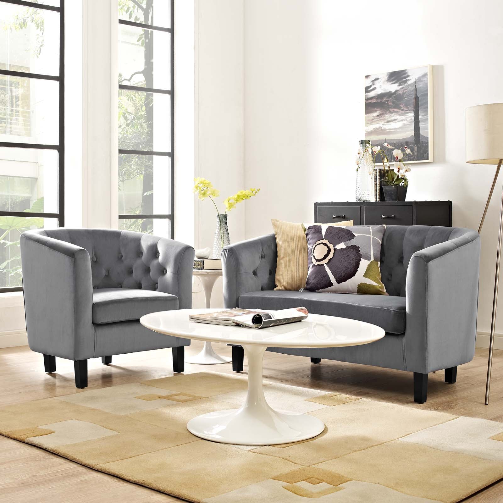 Modway Living Room Sets - Prospect 2 Piece Performance Velvet Loveseat and Armchair Set Gray