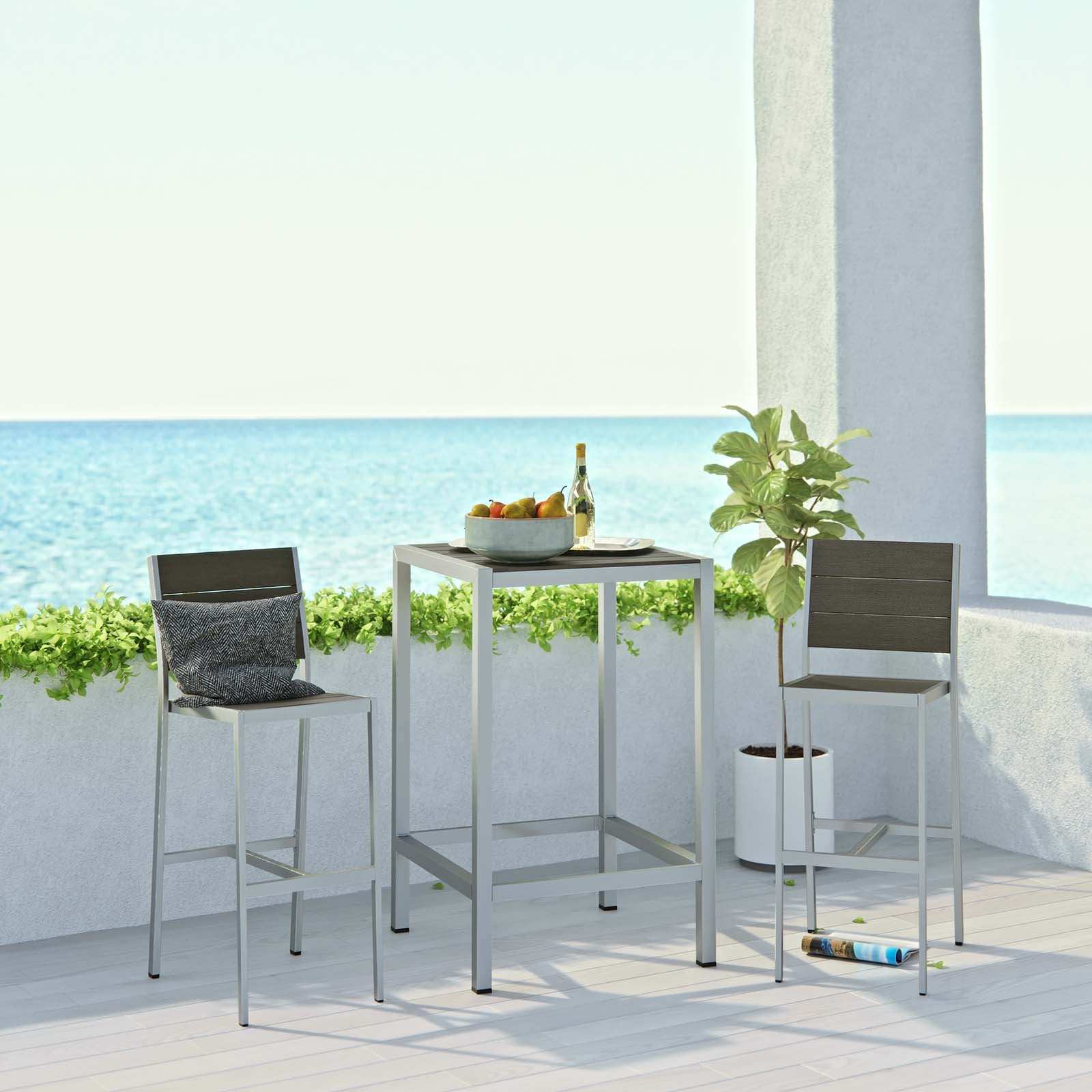 Modway Outdoor Dining Sets - Shore 18" Outdoor Pub Set for 2 Silver & Gray