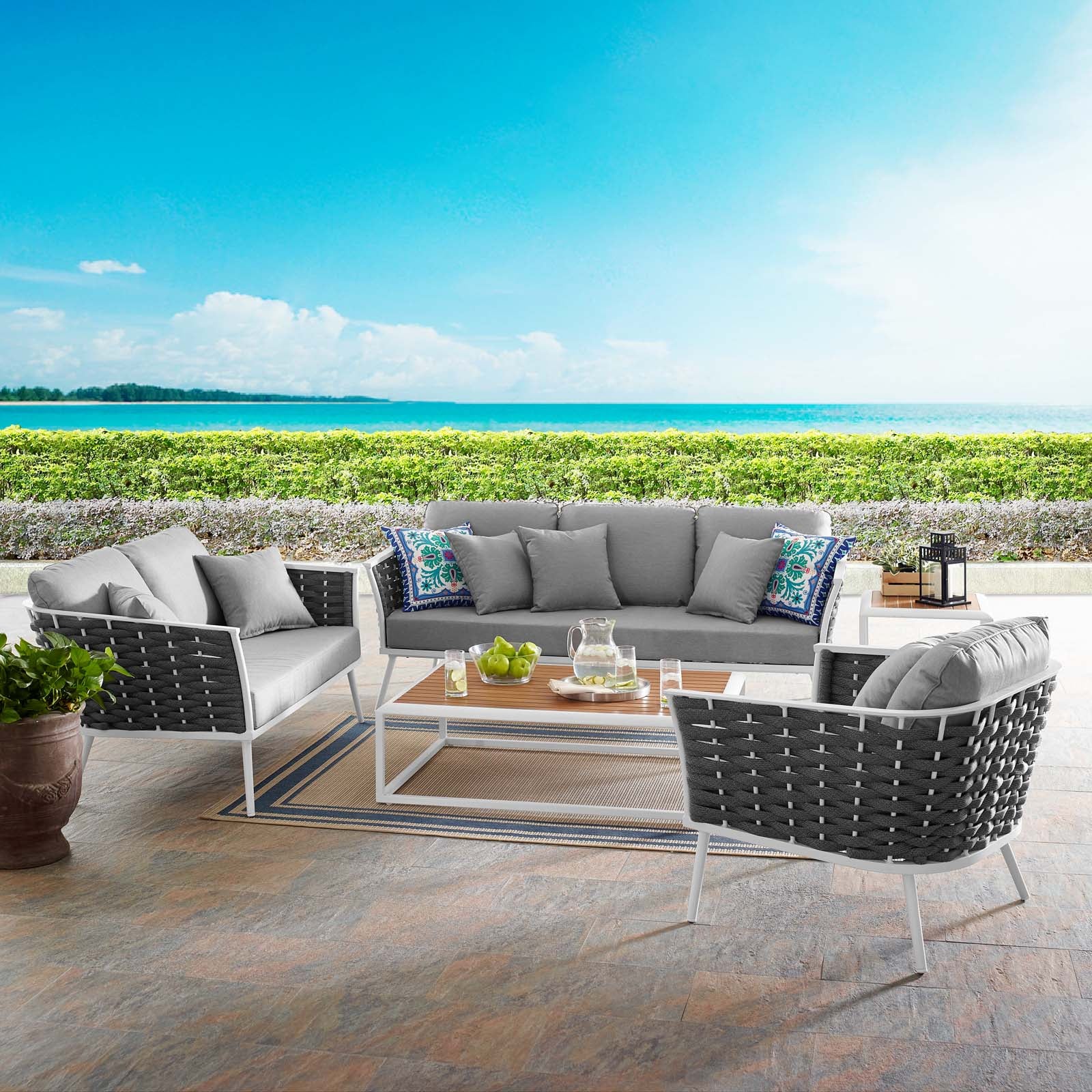 Stance 6 Piece Outdoor 139.5"W & 87 D Patio Aluminum Sectional Sofa Set White