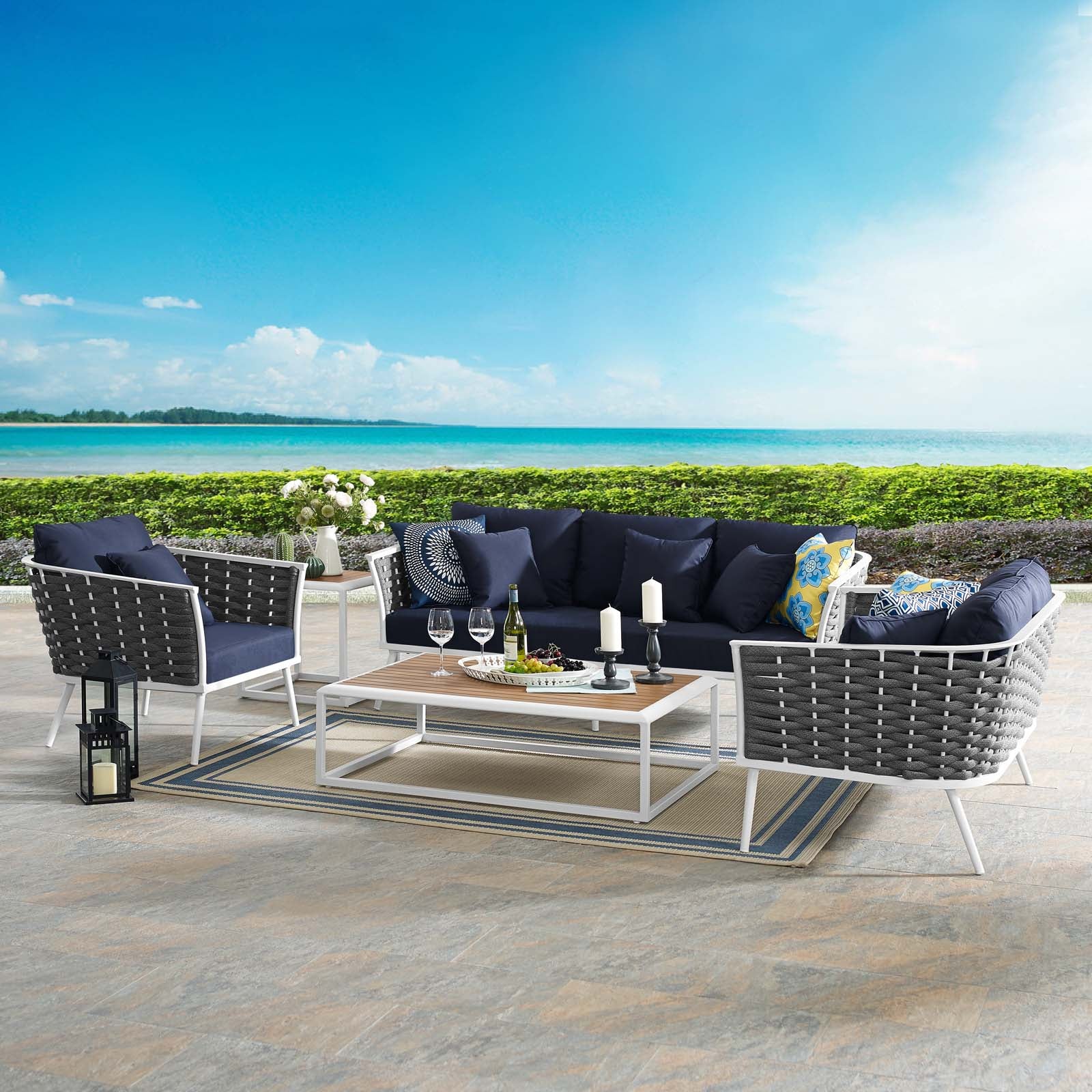 Modway Outdoor Conversation Sets - Stance 6 Piece Outdoor 139.5"W & 87 D Patio Sectional Sofa Set White