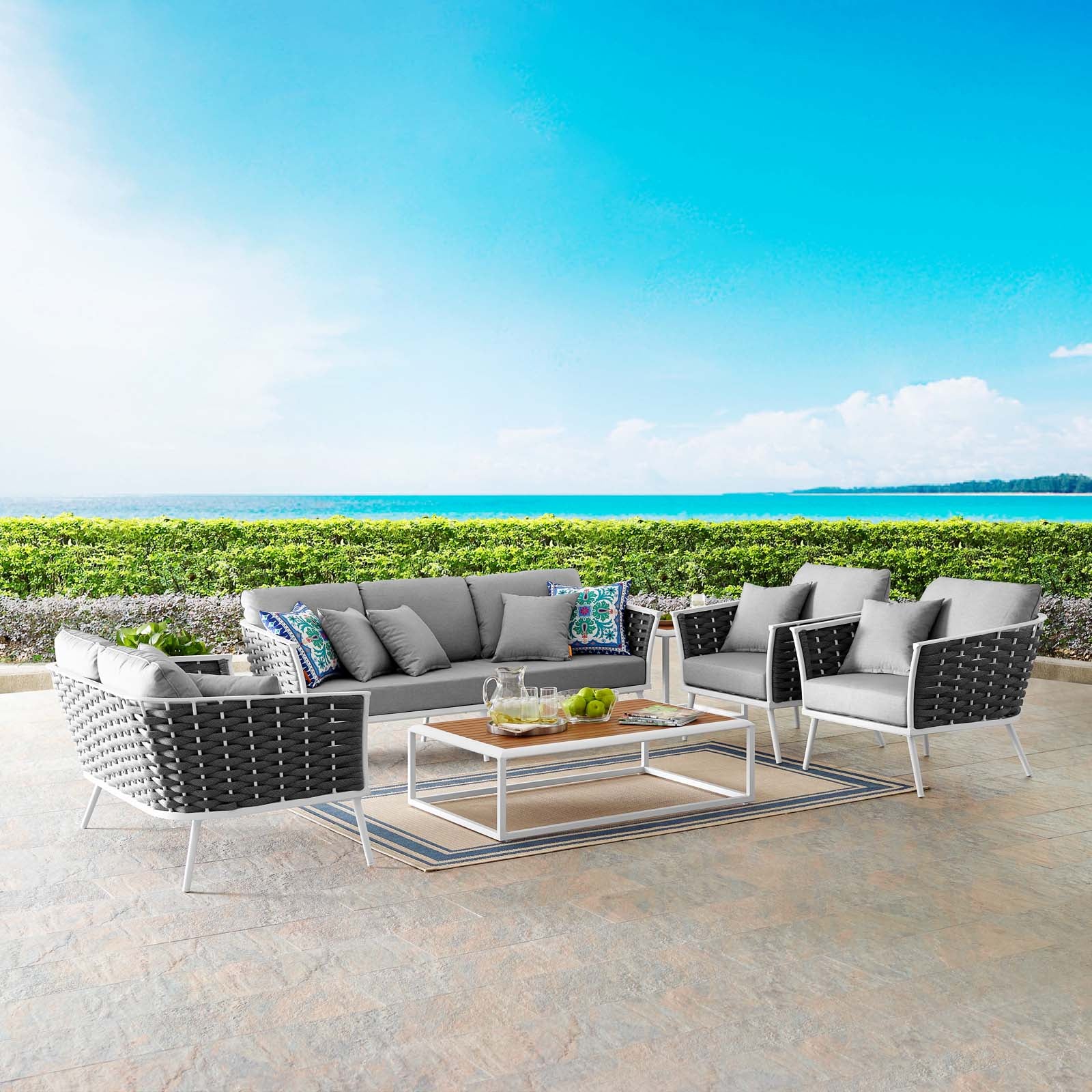 Stance 7 Piece Outdoor Patio Aluminum Sectional Sofa Set White Gray