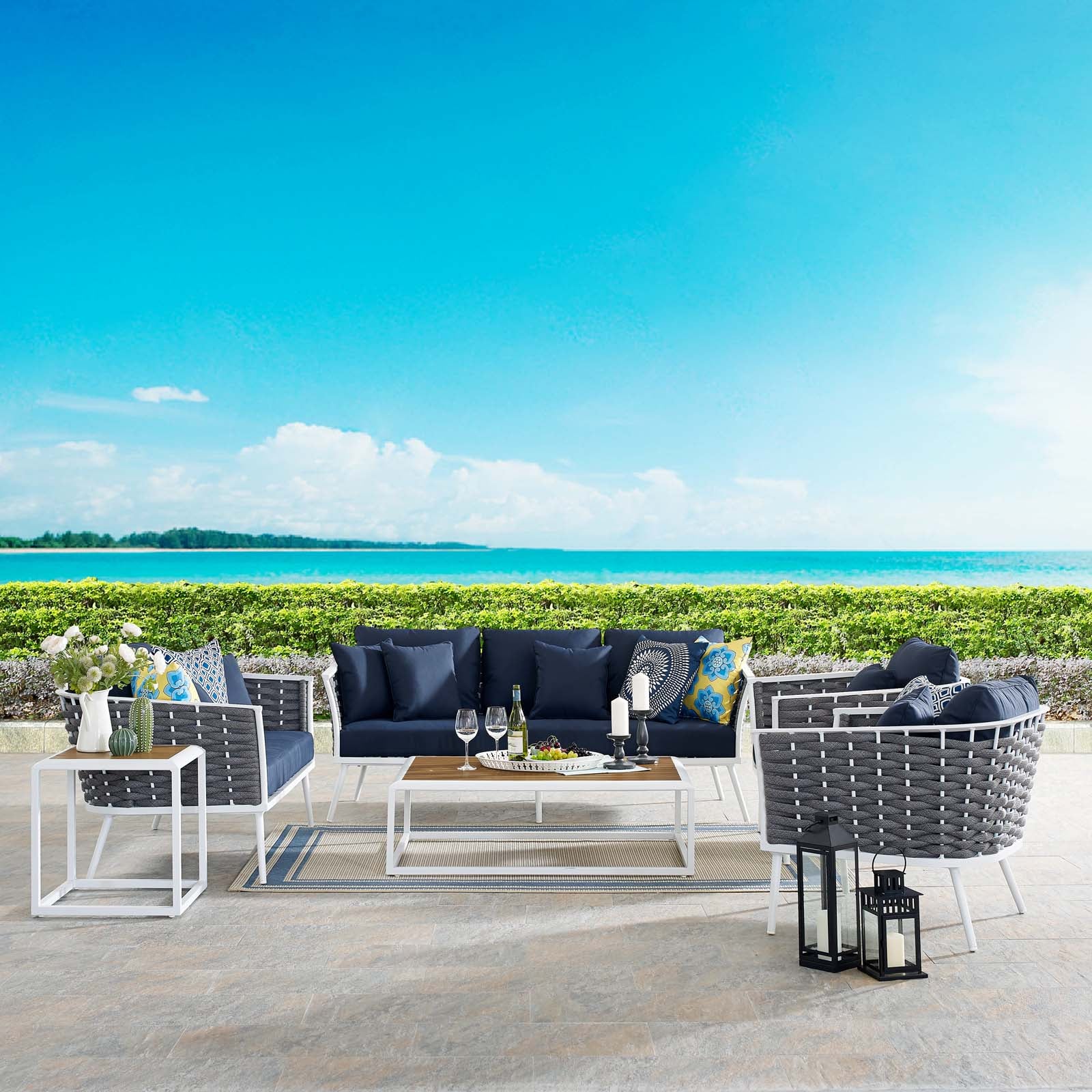 Stance 7 Piece Outdoor Patio Aluminum Sectional Sofa Set White Navy