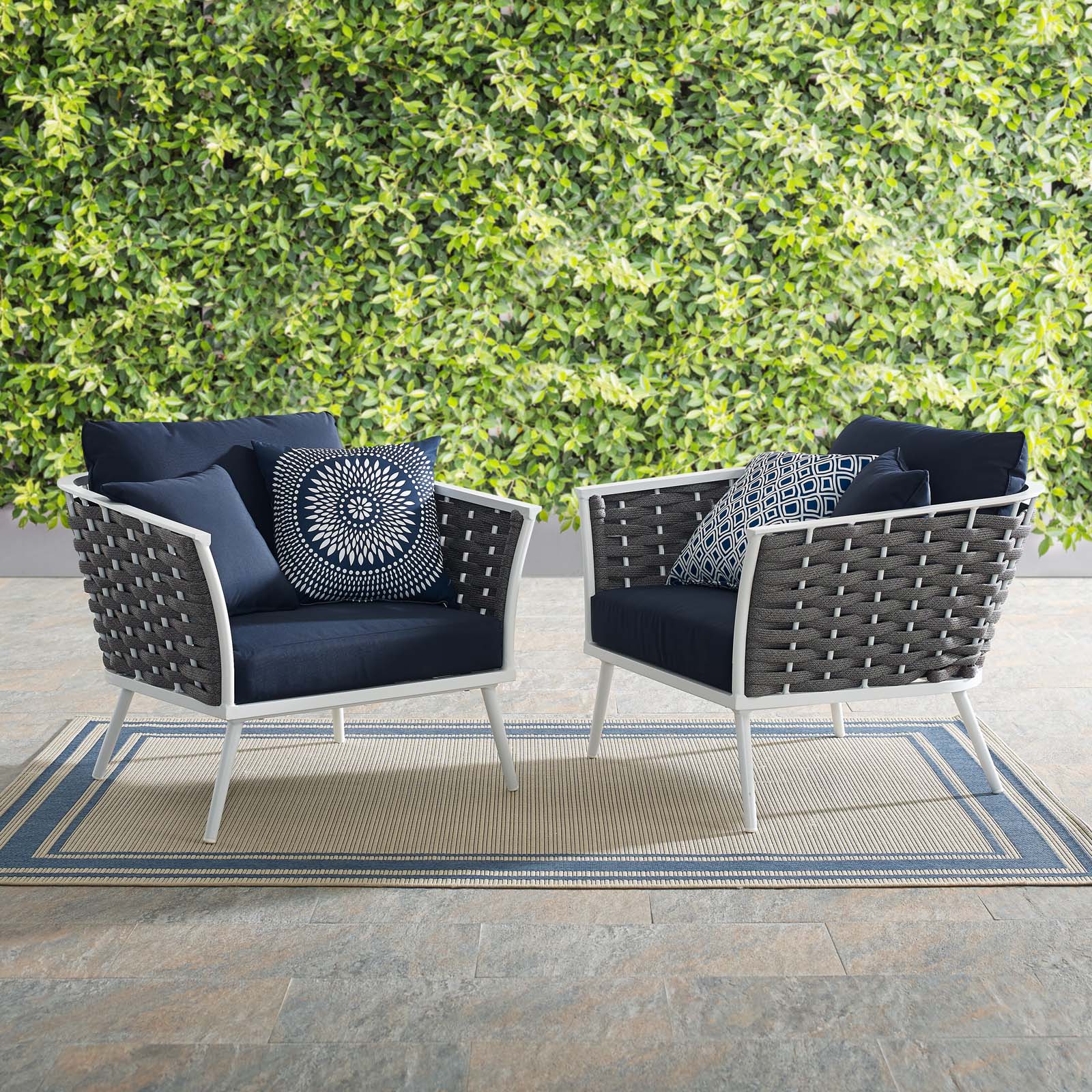 Modway Outdoor Chairs - Stance Armchair Outdoor Patio Set White & Navy (Set of 2)