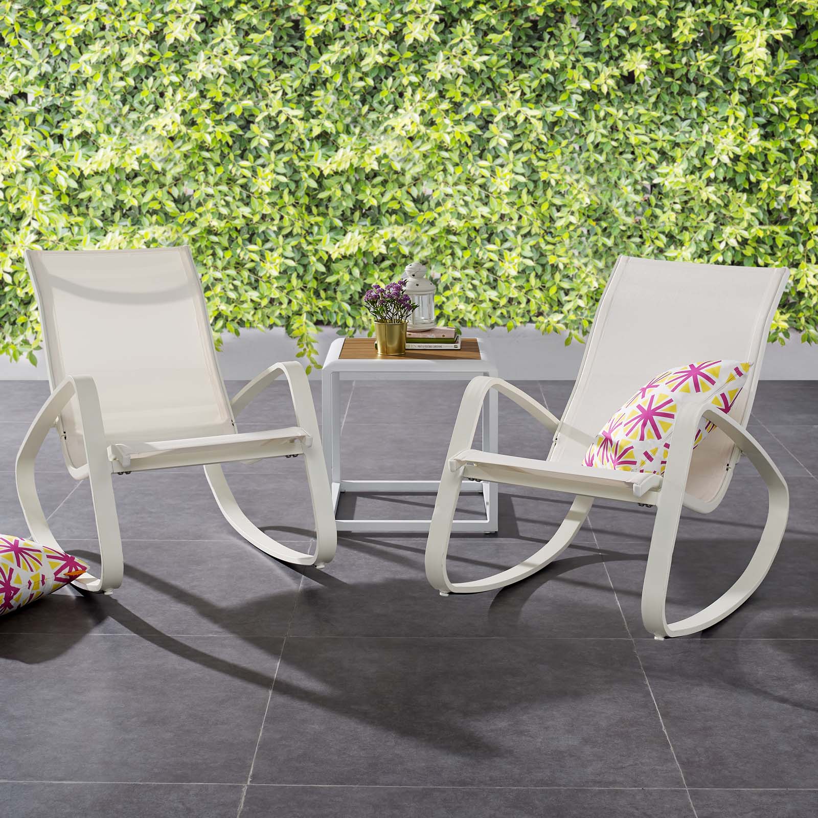 Modway Outdoor Chairs - Traveler Rocking Lounge Chair Outdoor Patio Mesh Sling Set of 2 White White