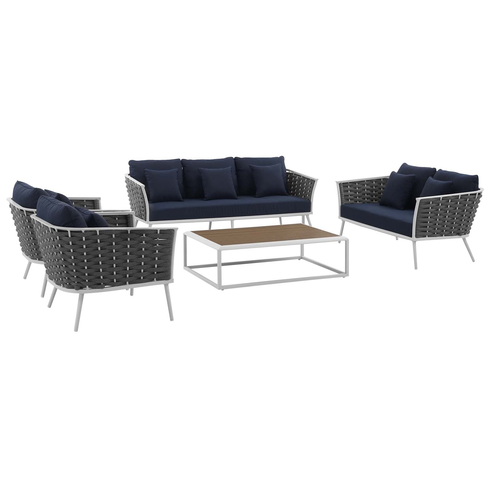 Modway Outdoor Conversation Sets - Stance 5 Piece Outdoor 139.5"W Patio Aluminum Sectional Sofa Set White